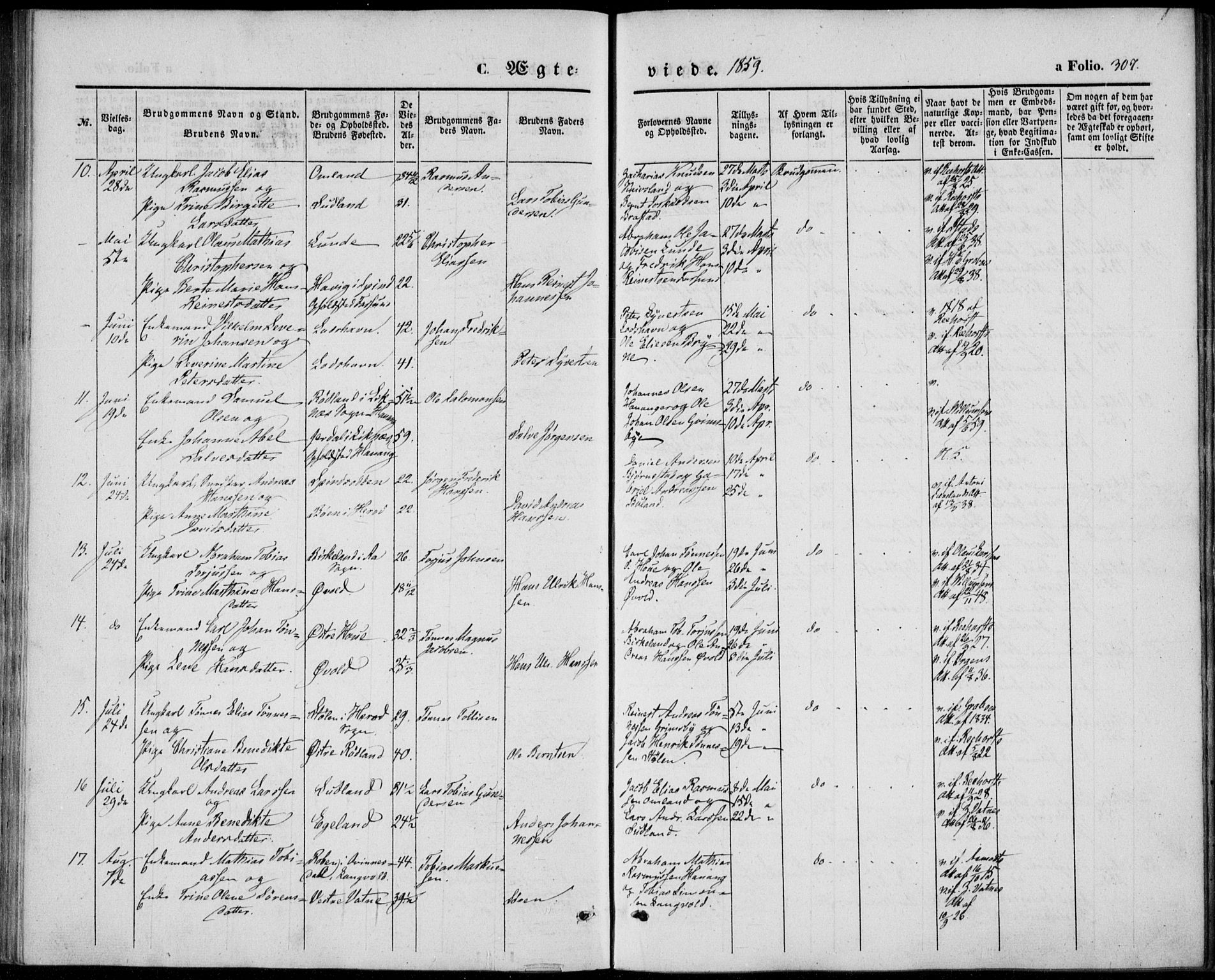 Lista sokneprestkontor, AV/SAK-1111-0027/F/Fb/L0002: Parish register (copy) no. B 2, 1847-1862, p. 307