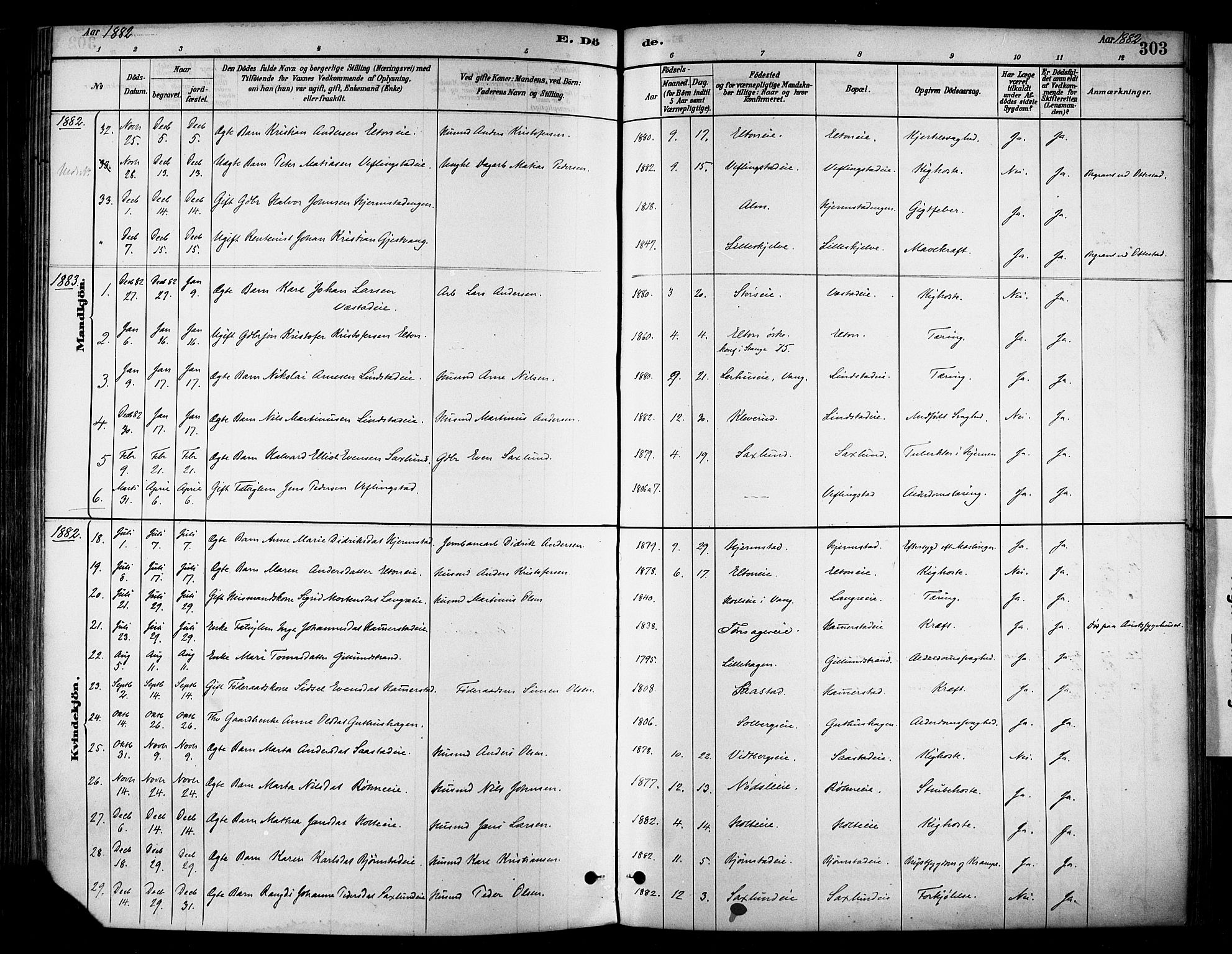 Stange prestekontor, AV/SAH-PREST-002/K/L0017: Parish register (official) no. 17, 1880-1893, p. 303