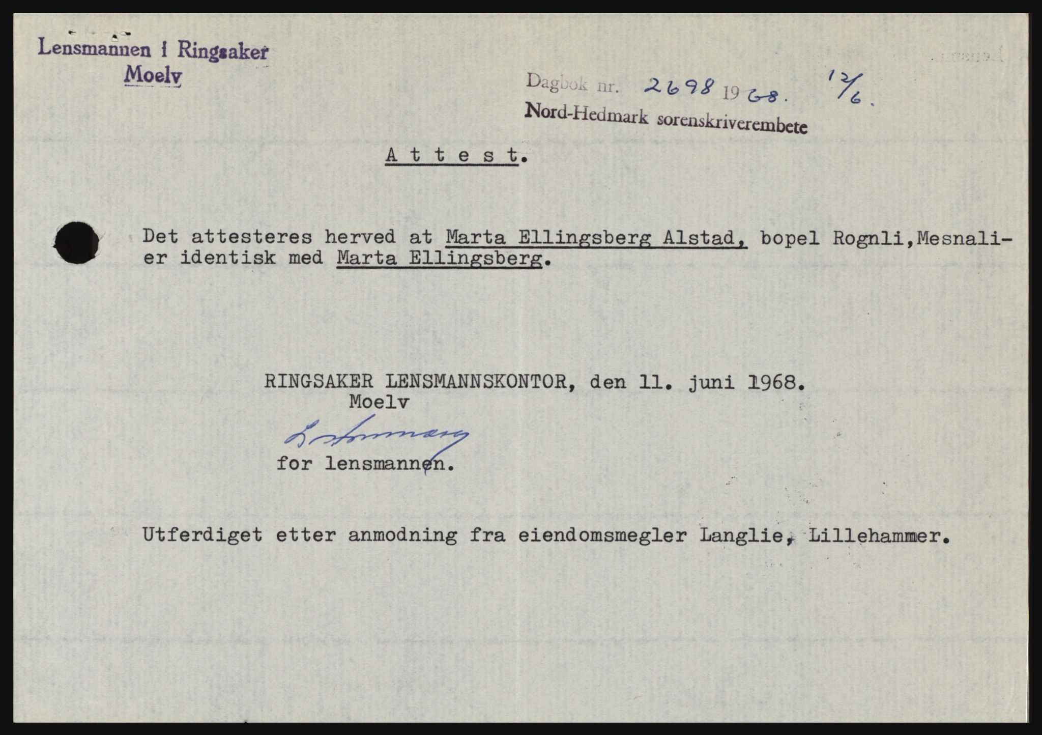 Nord-Hedmark sorenskriveri, AV/SAH-TING-012/H/Hc/L0028: Mortgage book no. 28, 1968-1968, Diary no: : 2698/1968