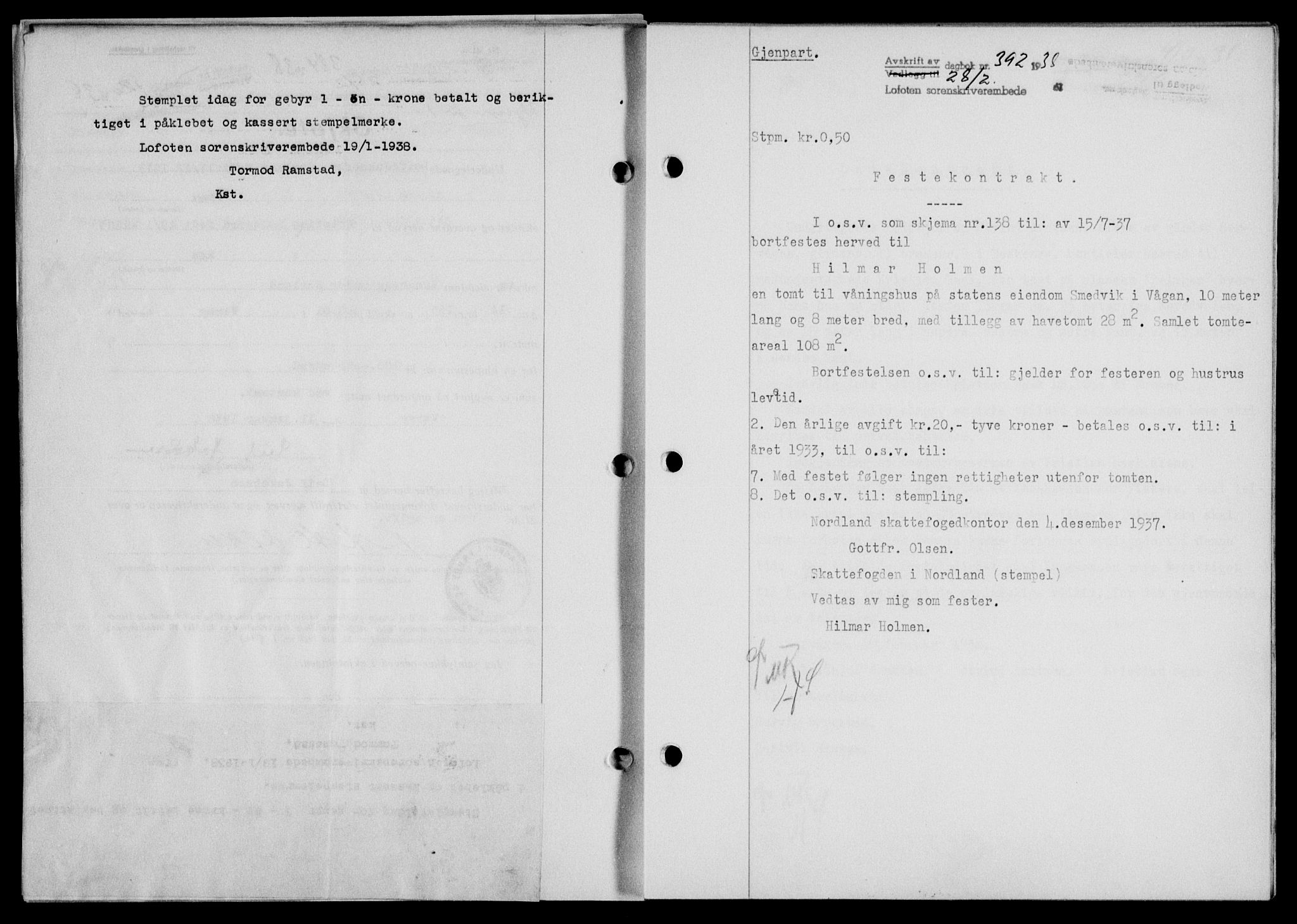 Lofoten sorenskriveri, SAT/A-0017/1/2/2C/L0003a: Mortgage book no. 3a, 1937-1938, Diary no: : 392/1938