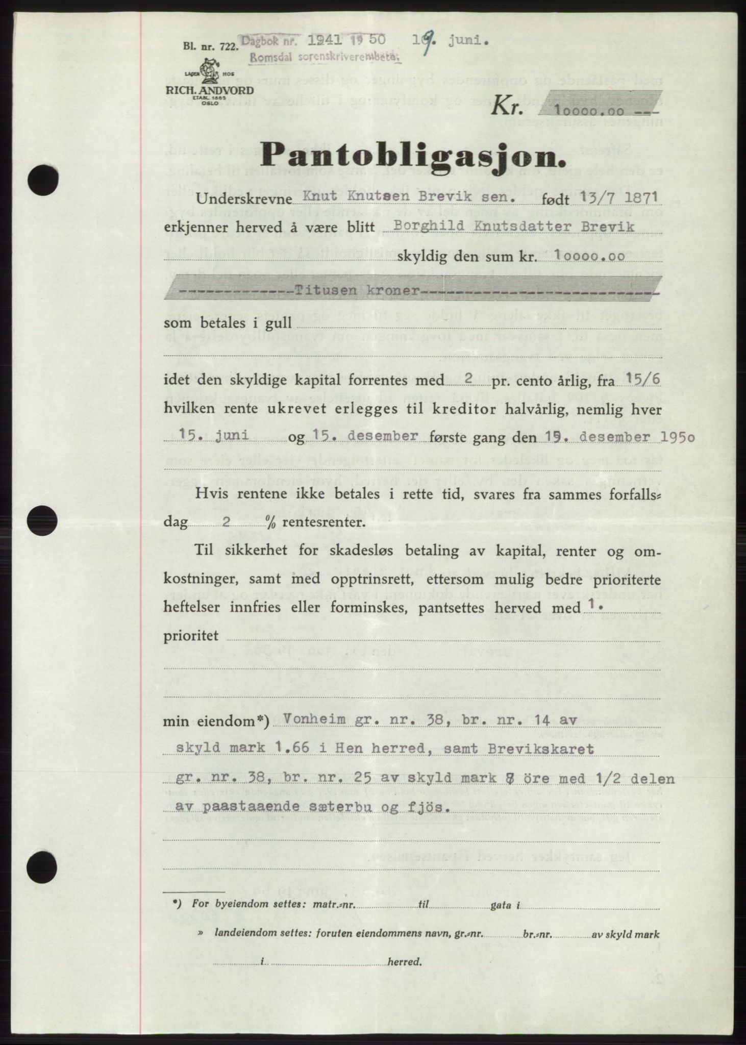 Romsdal sorenskriveri, AV/SAT-A-4149/1/2/2C: Mortgage book no. B5, 1949-1950, Diary no: : 1941/1950