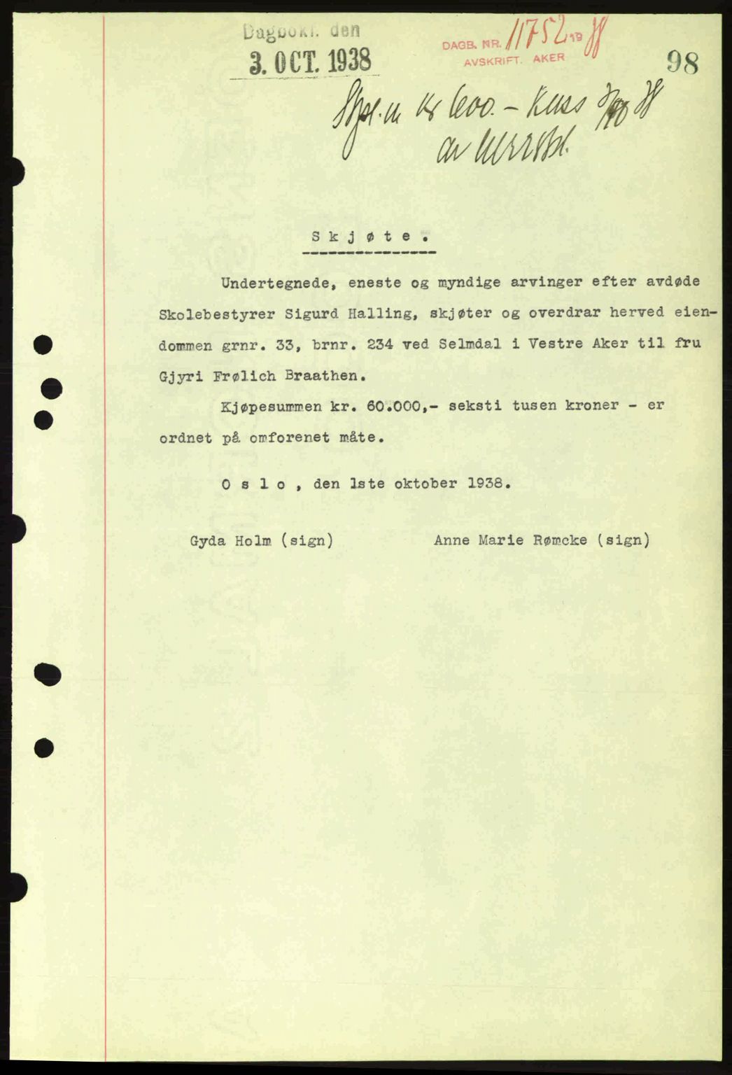 Aker herredsskriveri, SAO/A-10896/G/Gb/Gba/Gbab/L0025: Mortgage book no. A154-155, 1938-1938, Diary no: : 11752/1938