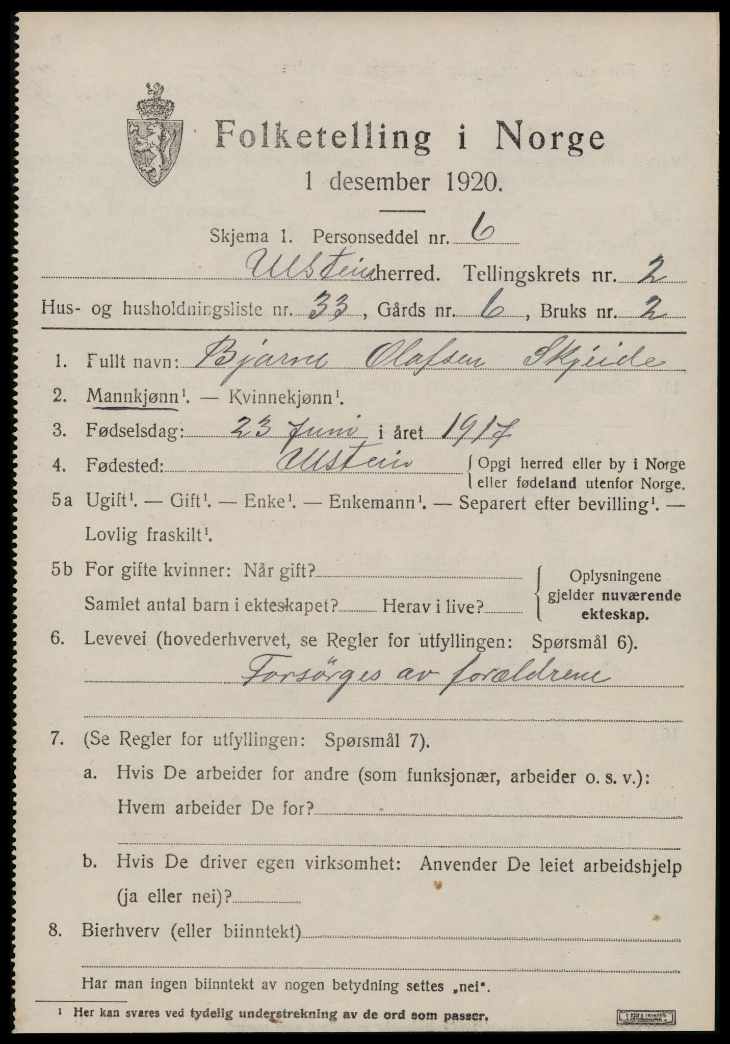 SAT, 1920 census for Ulstein, 1920, p. 1606