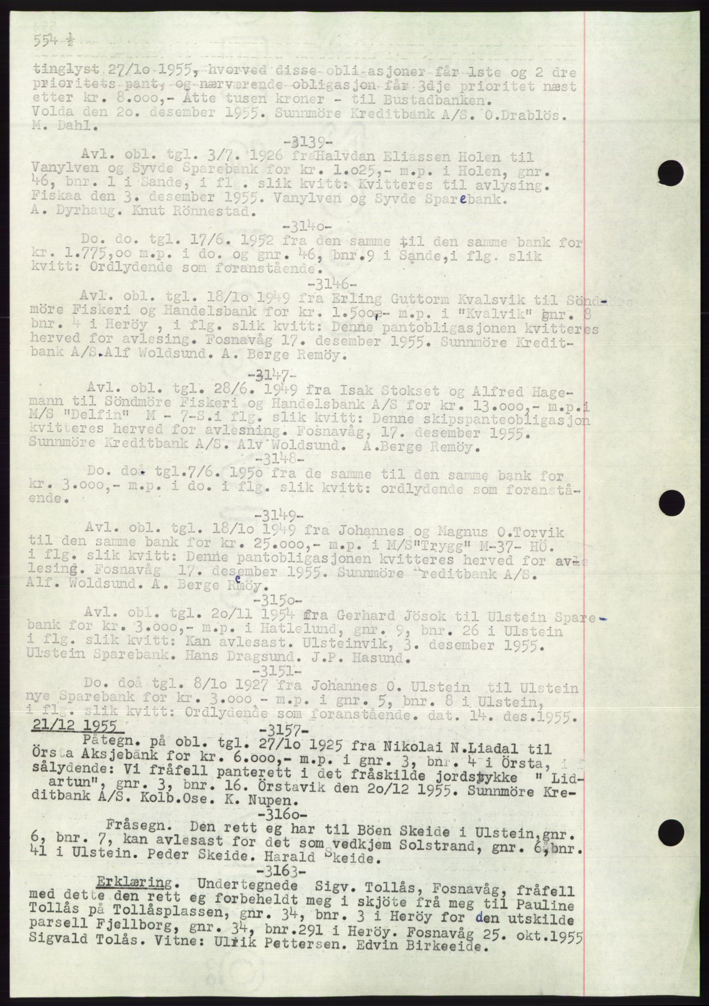 Søre Sunnmøre sorenskriveri, AV/SAT-A-4122/1/2/2C/L0072: Mortgage book no. 66, 1941-1955, Diary no: : 3139/1955