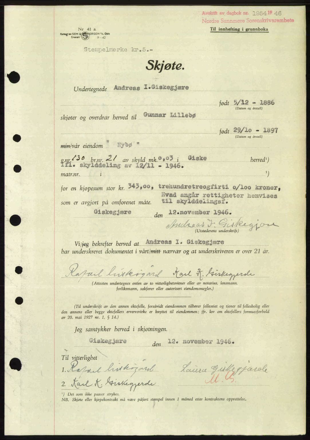 Nordre Sunnmøre sorenskriveri, AV/SAT-A-0006/1/2/2C/2Ca: Mortgage book no. A23, 1946-1947, Diary no: : 1954/1946