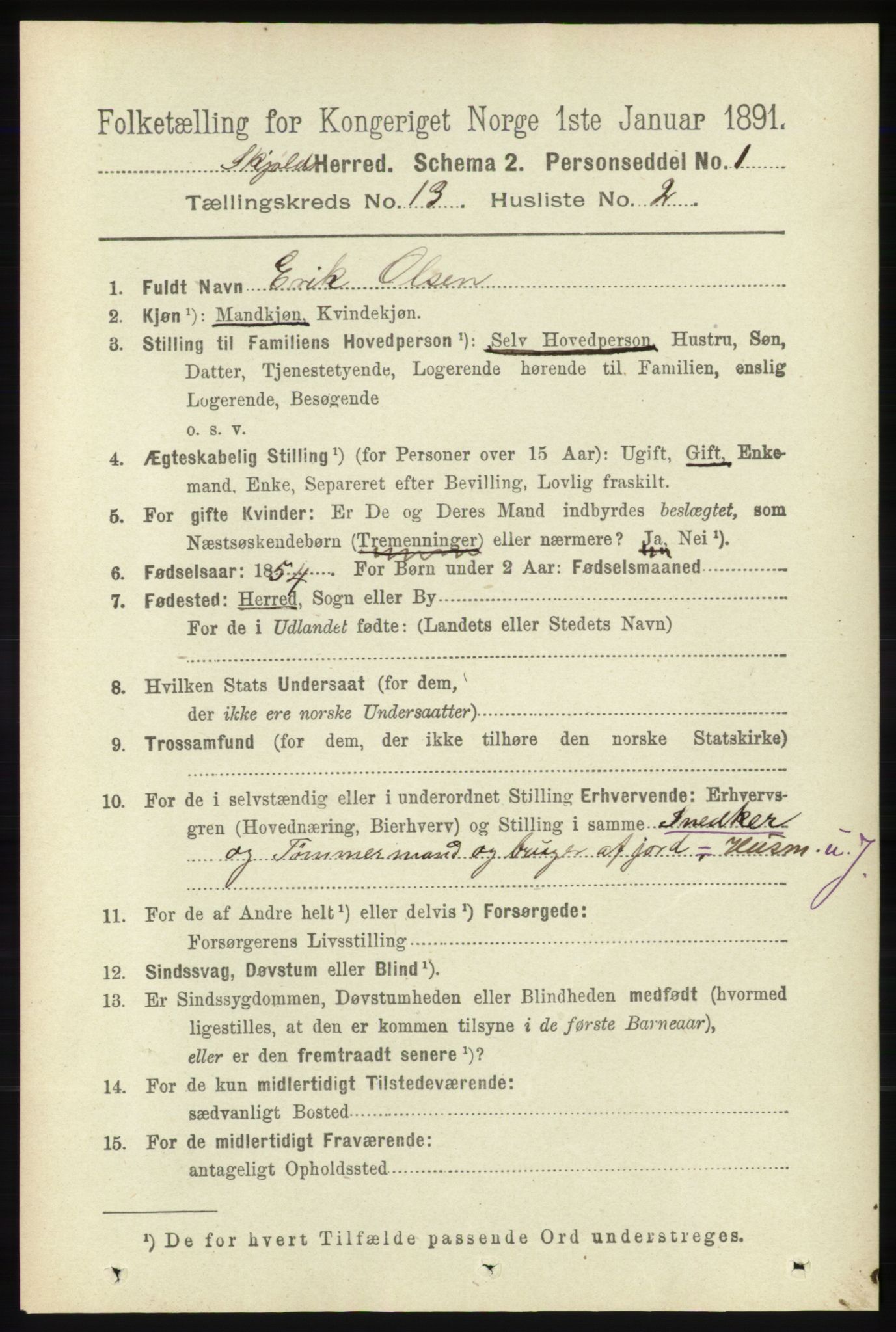 RA, 1891 census for 1154 Skjold, 1891, p. 2407