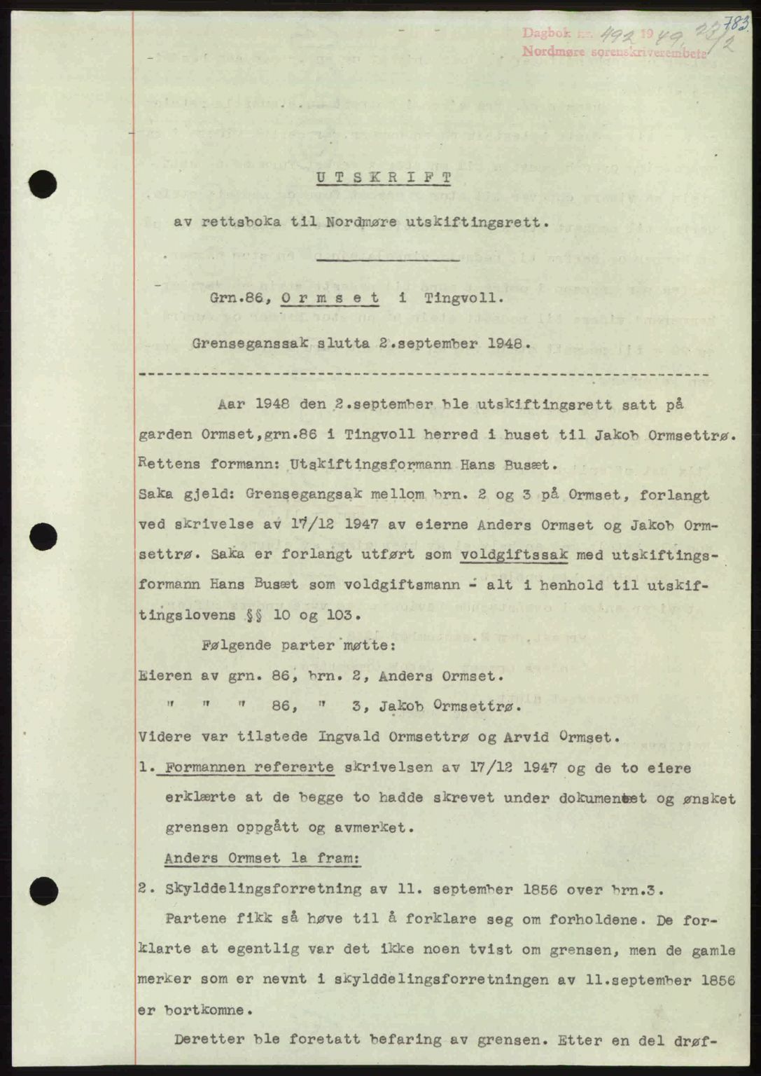 Nordmøre sorenskriveri, AV/SAT-A-4132/1/2/2Ca: Mortgage book no. A110, 1948-1949, Diary no: : 492/1949