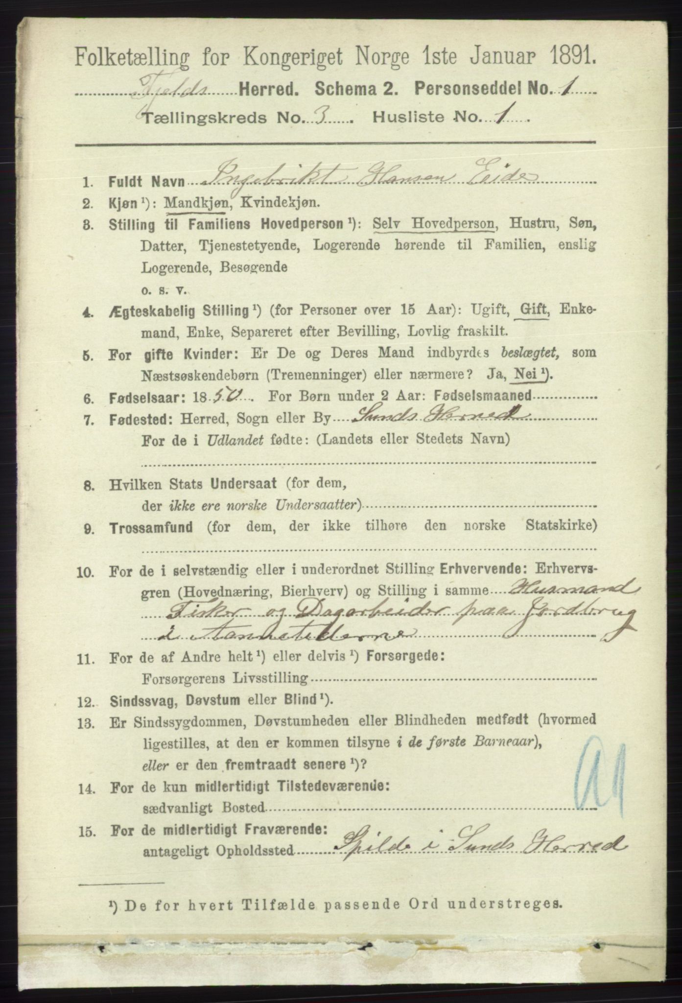 RA, 1891 census for 1246 Fjell, 1891, p. 1315