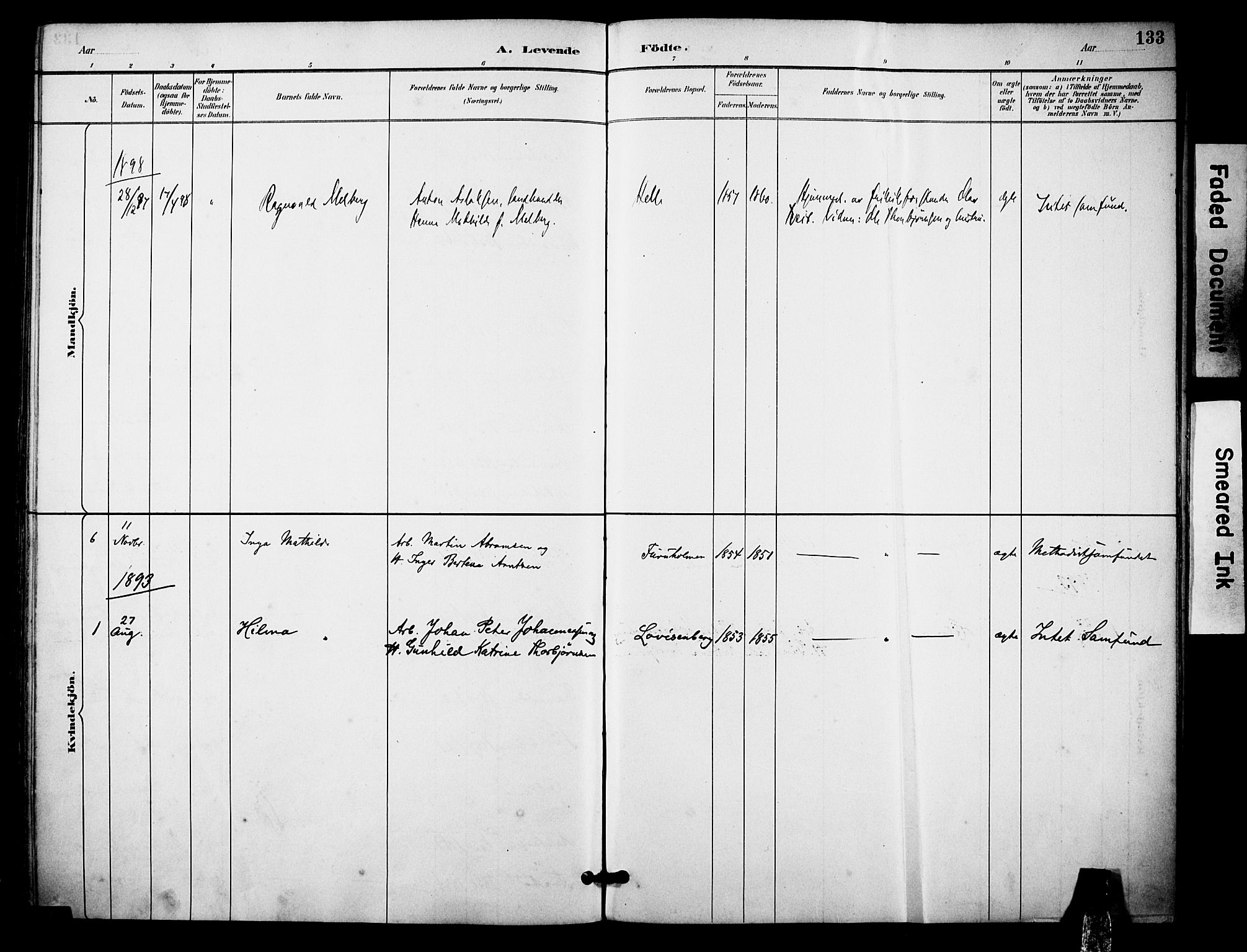 Skåtøy kirkebøker, SAKO/A-304/F/Fa/L0002: Parish register (official) no. I 2, 1884-1899, p. 133