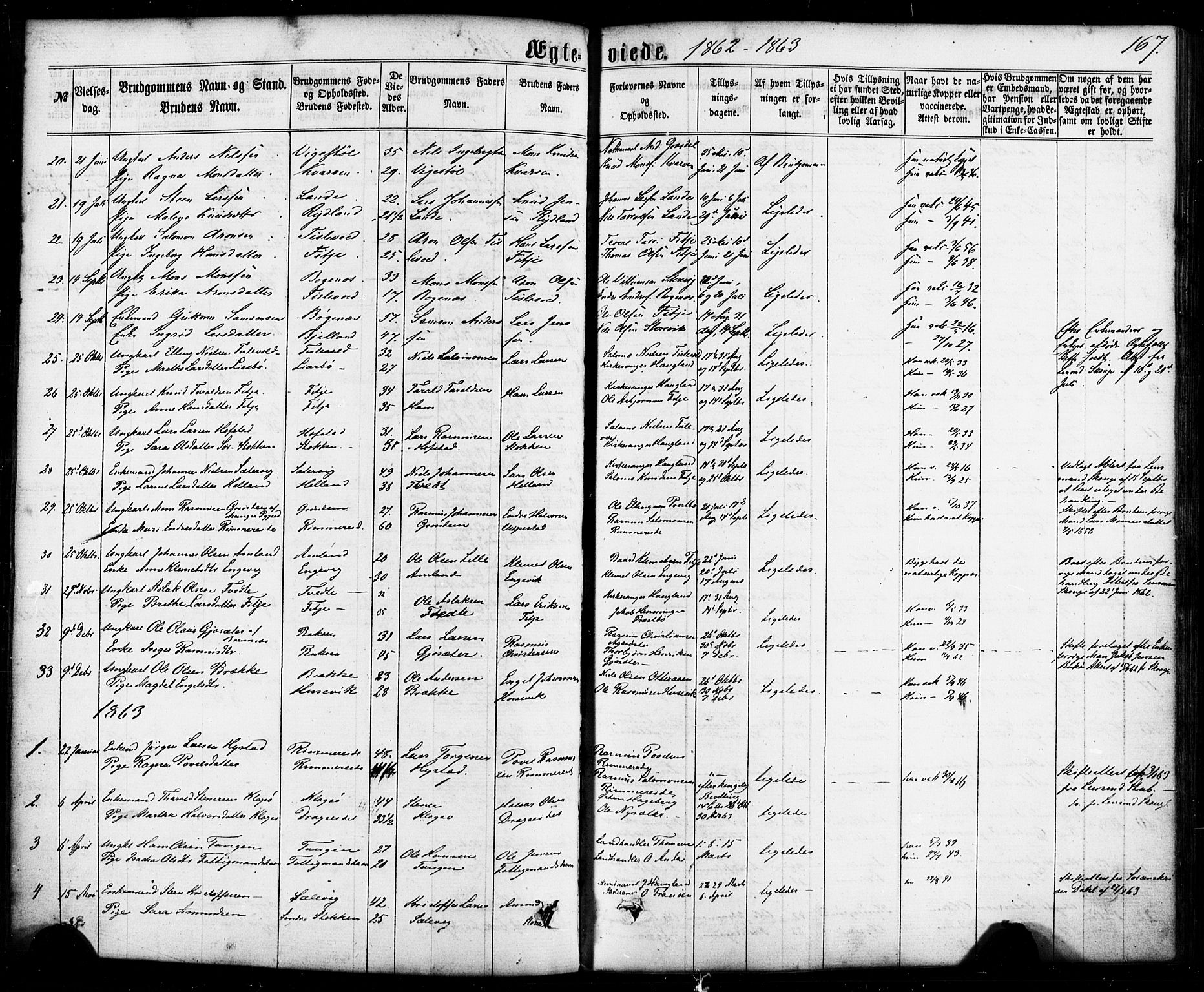 Fitjar sokneprestembete, AV/SAB-A-99926: Parish register (official) no. A 1, 1862-1881, p. 167