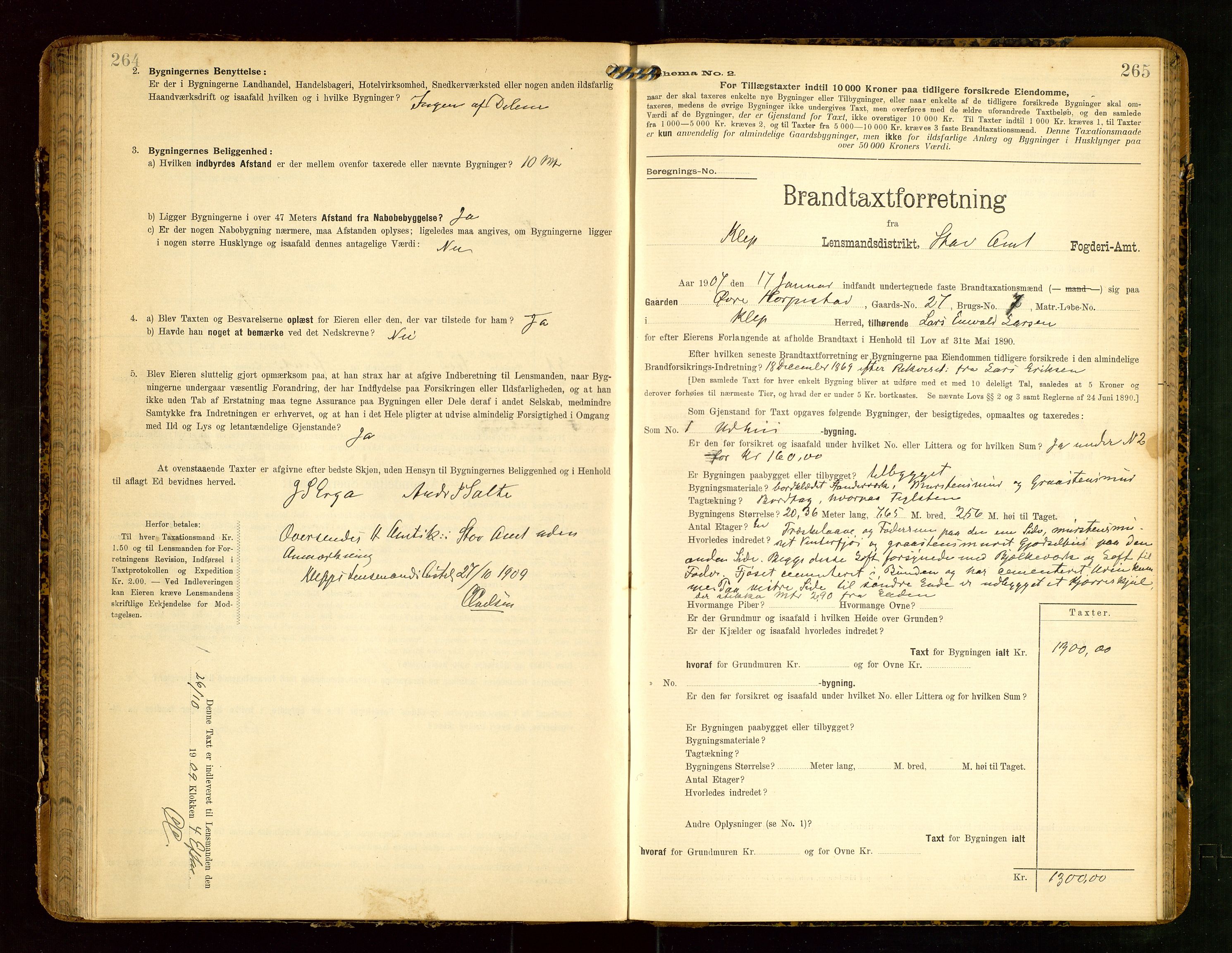 Klepp lensmannskontor, AV/SAST-A-100163/Goc/L0004: "Brandtaxationsprotokol" m/register, 1906-1908, p. 264-265