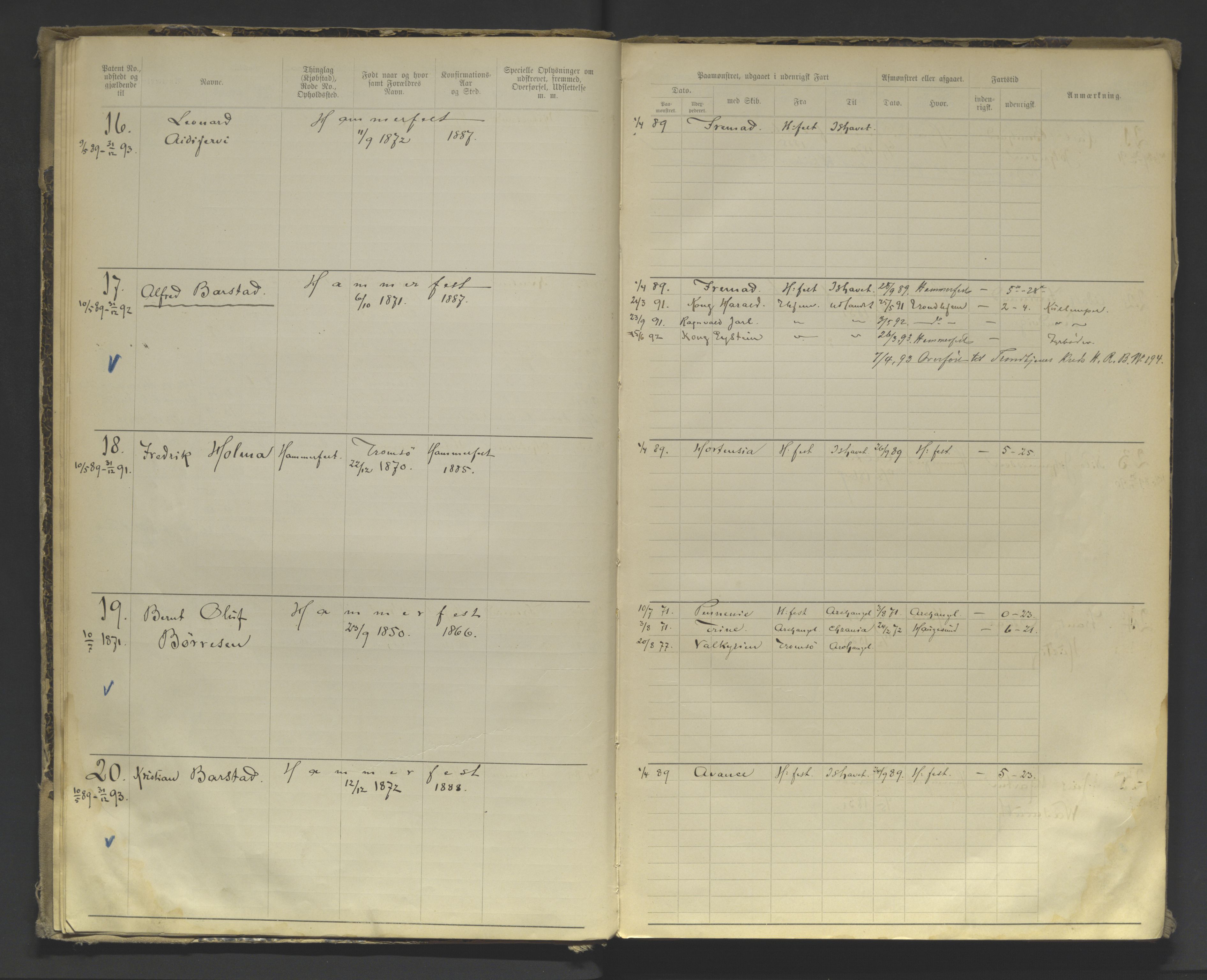 Tromsø sjømannskontor/innrullerings-/mønstringsdistrikt, AV/SATØ-S-0243/F/Fa/L0004: Annotasjonsrulle. Defekt: manglende rygg. Nr. 1-473, 1869-1912