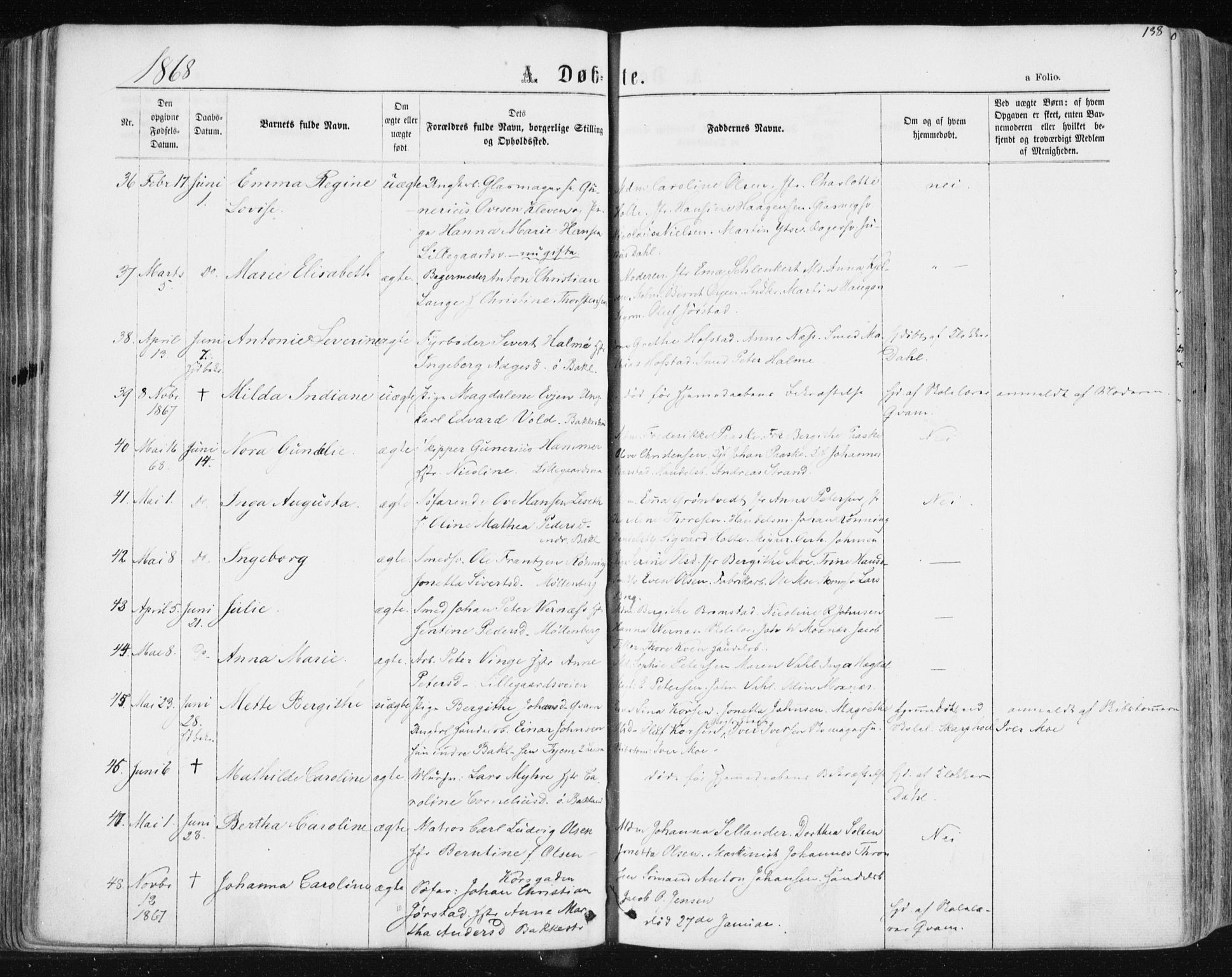 Ministerialprotokoller, klokkerbøker og fødselsregistre - Sør-Trøndelag, AV/SAT-A-1456/604/L0186: Parish register (official) no. 604A07, 1866-1877, p. 138