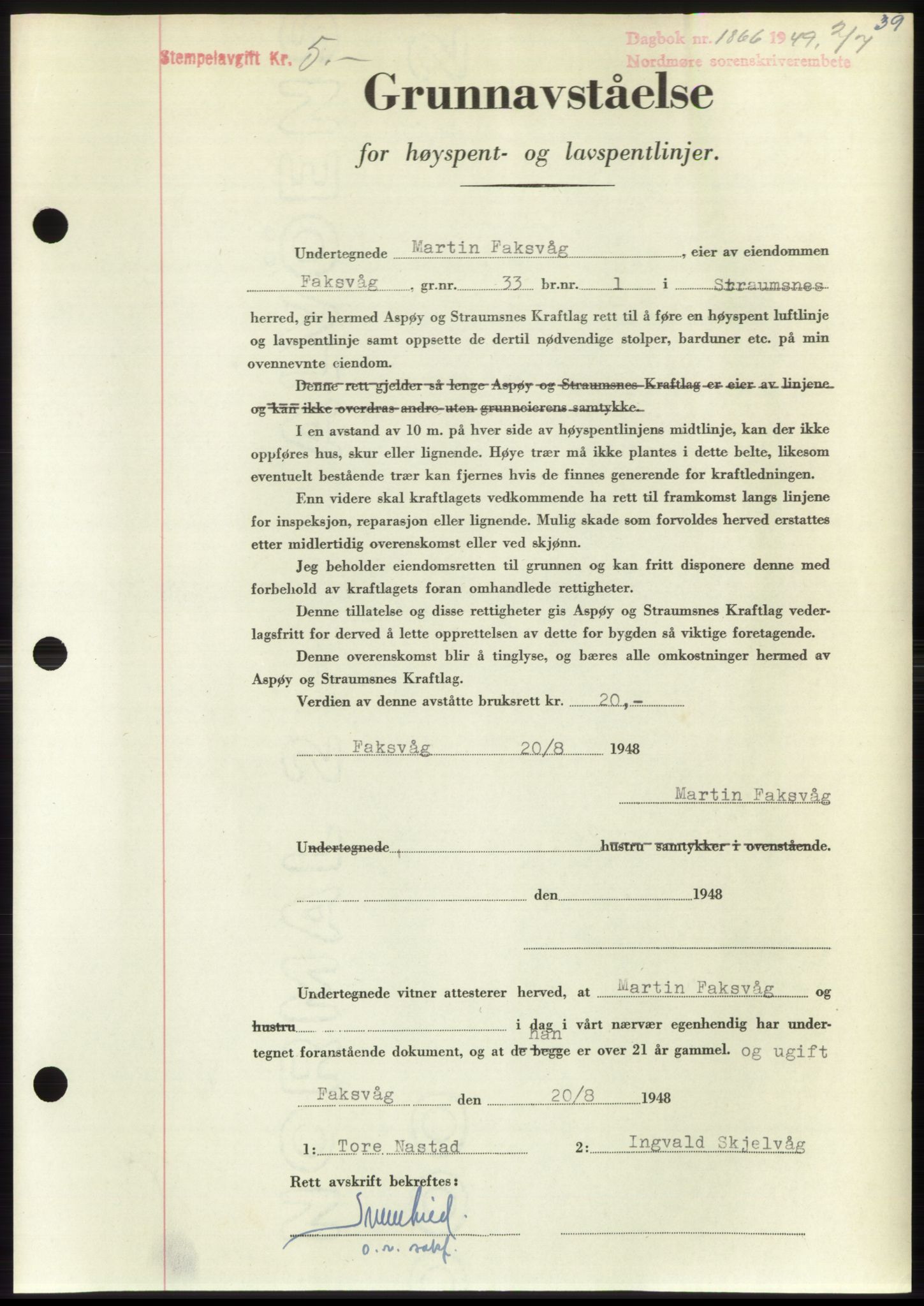 Nordmøre sorenskriveri, AV/SAT-A-4132/1/2/2Ca: Mortgage book no. B102, 1949-1949, Diary no: : 1866/1949