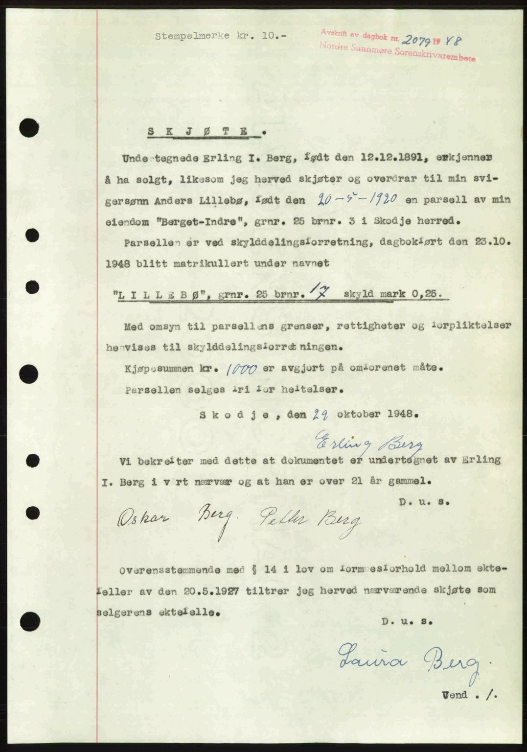 Nordre Sunnmøre sorenskriveri, AV/SAT-A-0006/1/2/2C/2Ca: Mortgage book no. A29, 1948-1949, Diary no: : 2079/1948