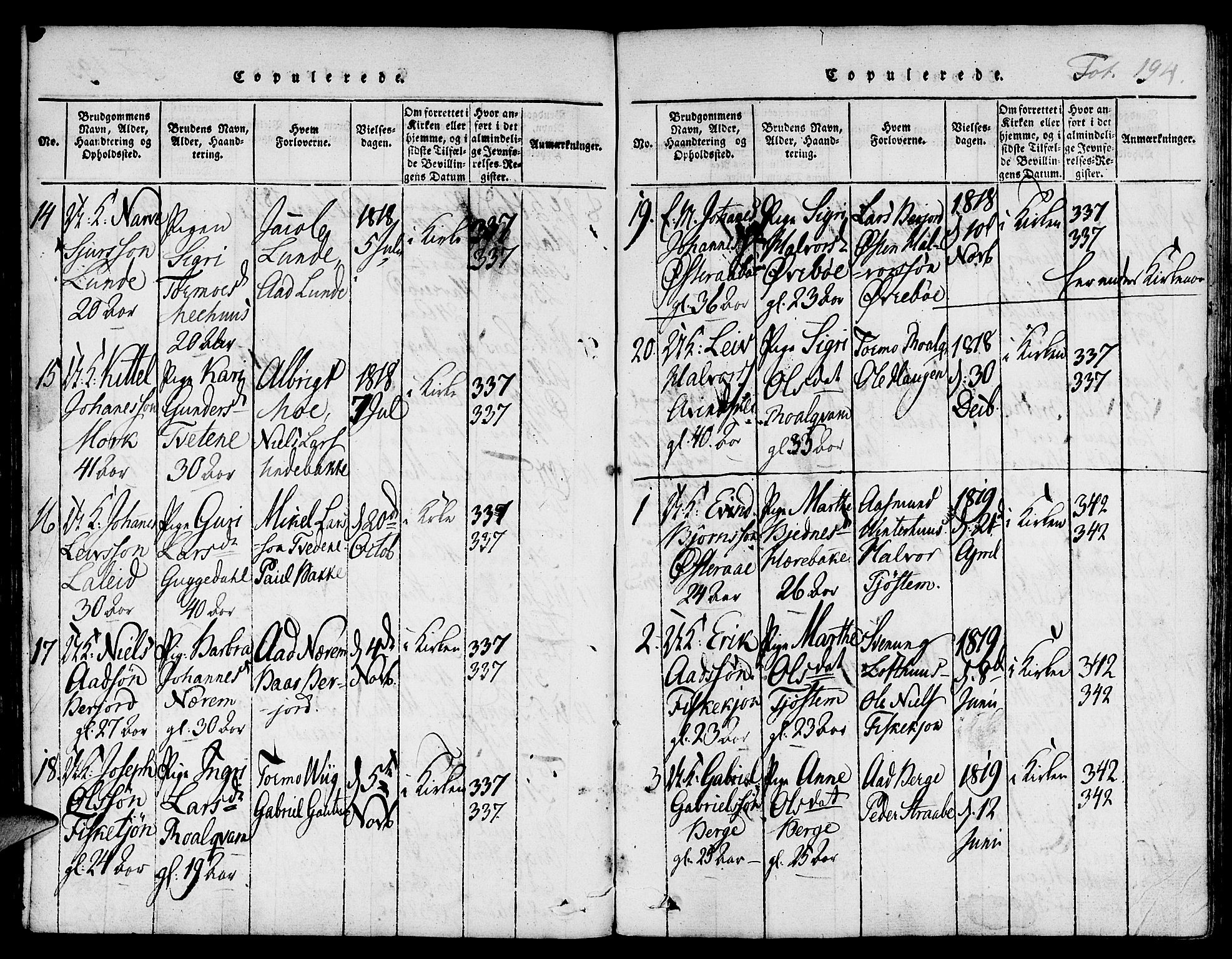 Suldal sokneprestkontor, SAST/A-101845/01/IV/L0006: Parish register (official) no. A 6, 1816-1836, p. 194