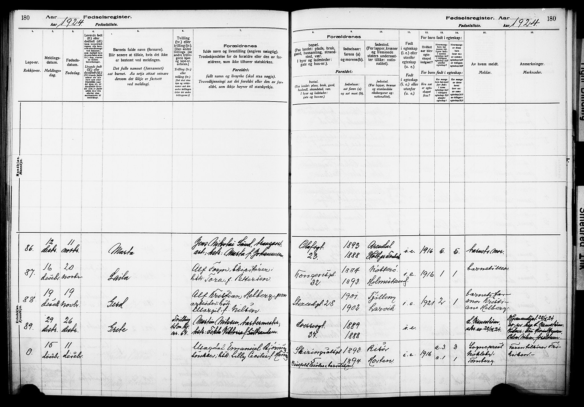 Larvik kirkebøker, AV/SAKO-A-352/J/Ja/L0001: Birth register no. I 1, 1916-1926, p. 180