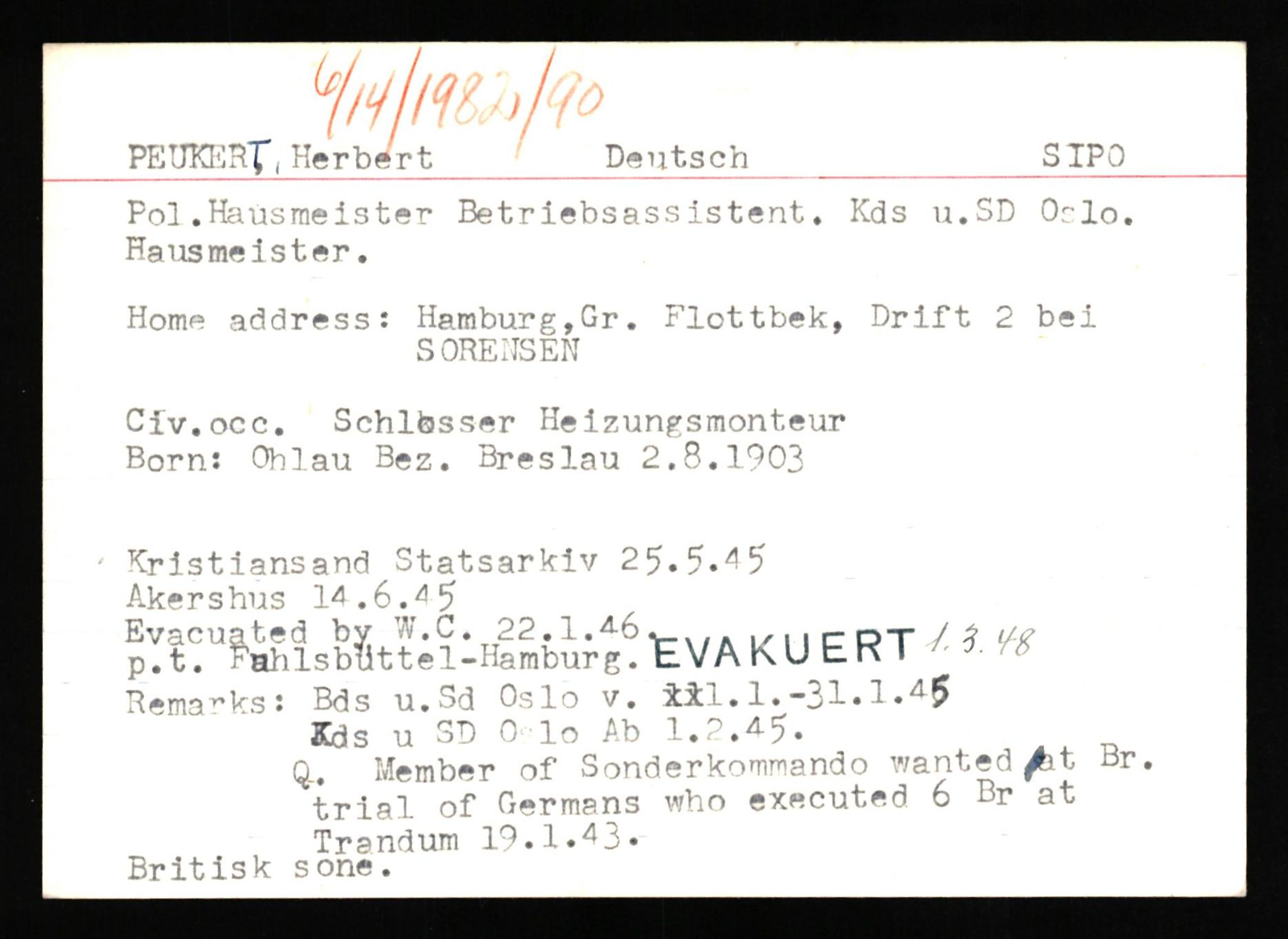 Forsvaret, Forsvarets overkommando II, AV/RA-RAFA-3915/D/Db/L0026: CI Questionaires. Tyske okkupasjonsstyrker i Norge. Tyskere., 1945-1946, p. 4