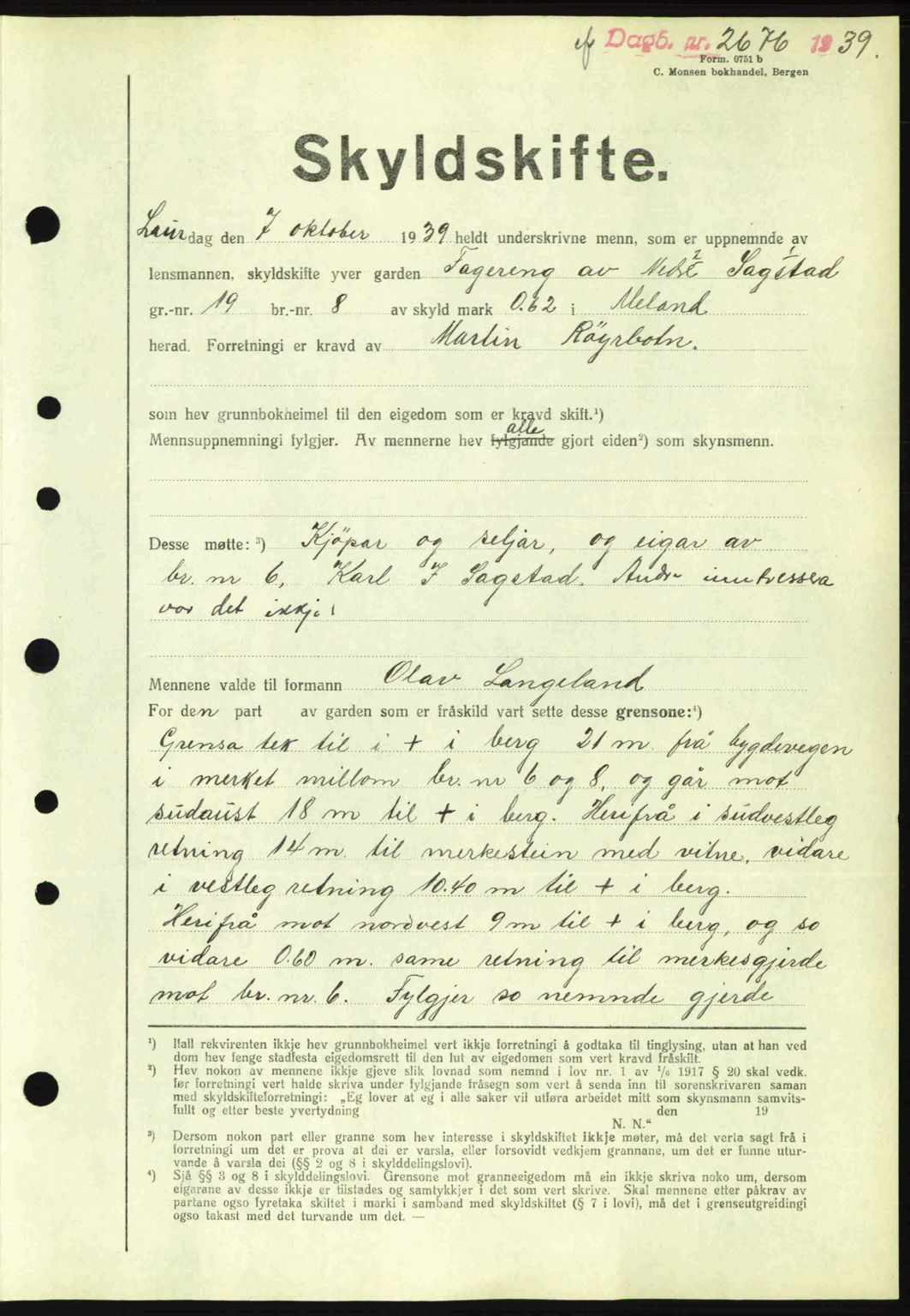 Nordhordland sorenskrivar, AV/SAB-A-2901/1/G/Gb/Gbf/L0010: Mortgage book no. A10, 1939-1940, Diary no: : 2676/1939