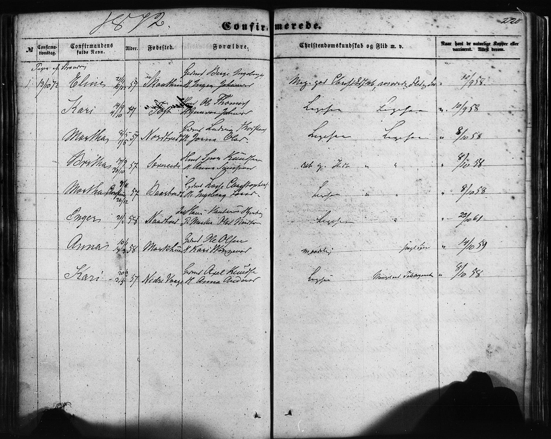 Fusa sokneprestembete, AV/SAB-A-75401/H/Haa: Parish register (official) no. A 1I, 1855-1879, p. 220