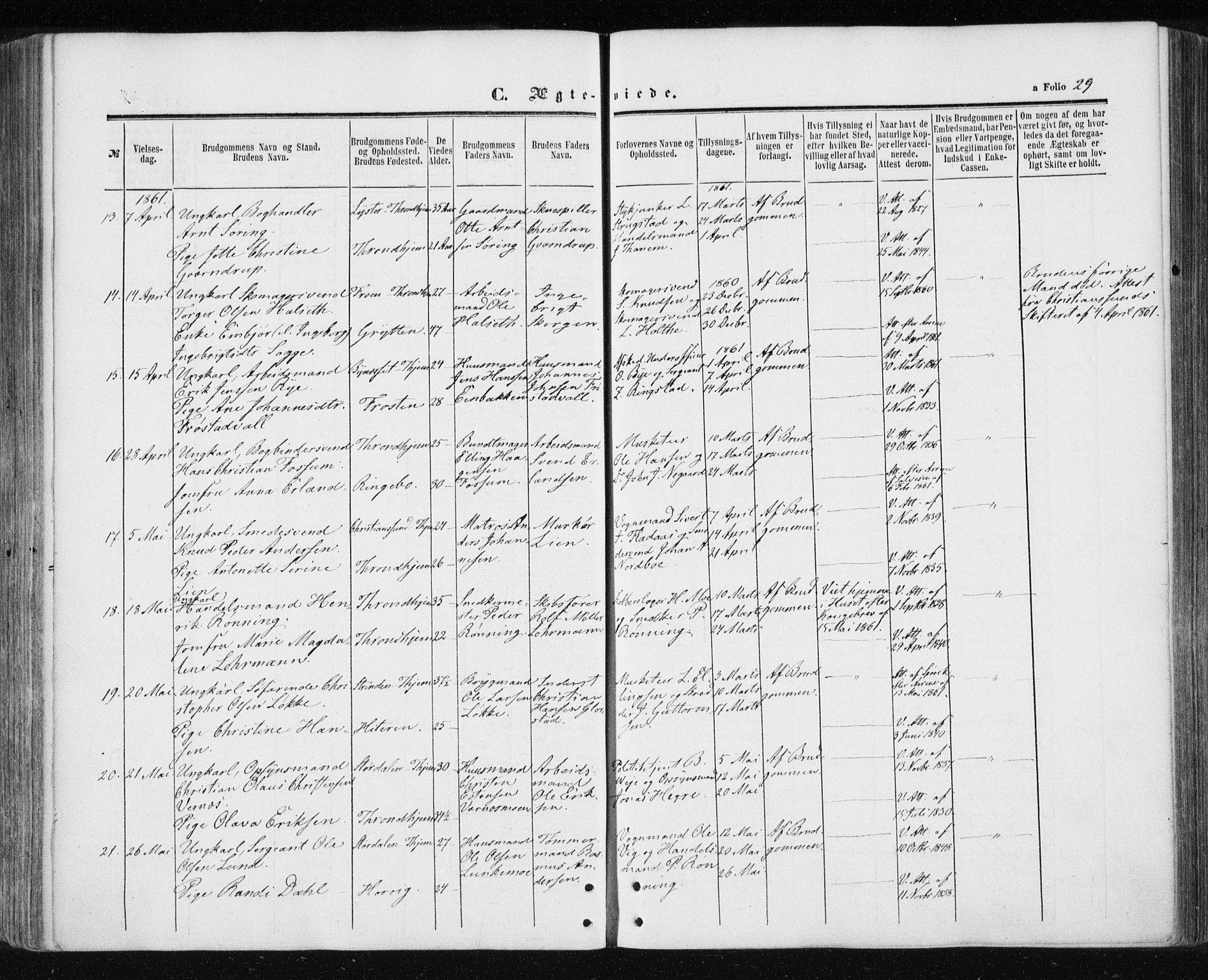 Ministerialprotokoller, klokkerbøker og fødselsregistre - Sør-Trøndelag, SAT/A-1456/601/L0053: Parish register (official) no. 601A21, 1857-1865, p. 29