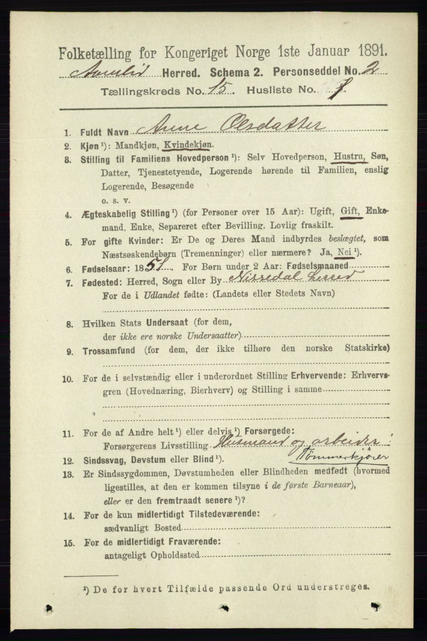 RA, 1891 census for 0929 Åmli, 1891, p. 2544