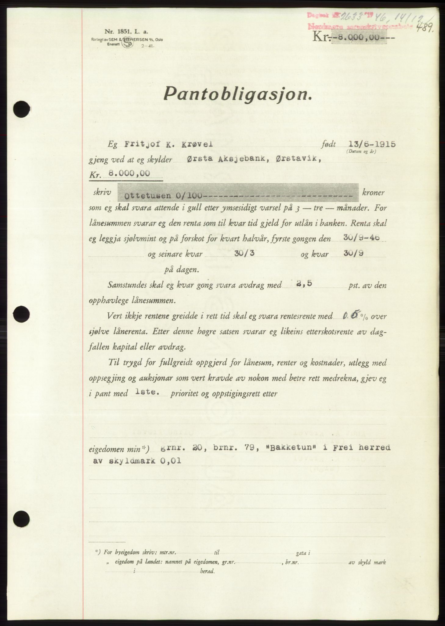 Nordmøre sorenskriveri, AV/SAT-A-4132/1/2/2Ca: Mortgage book no. B95, 1946-1947, Diary no: : 2633/1946