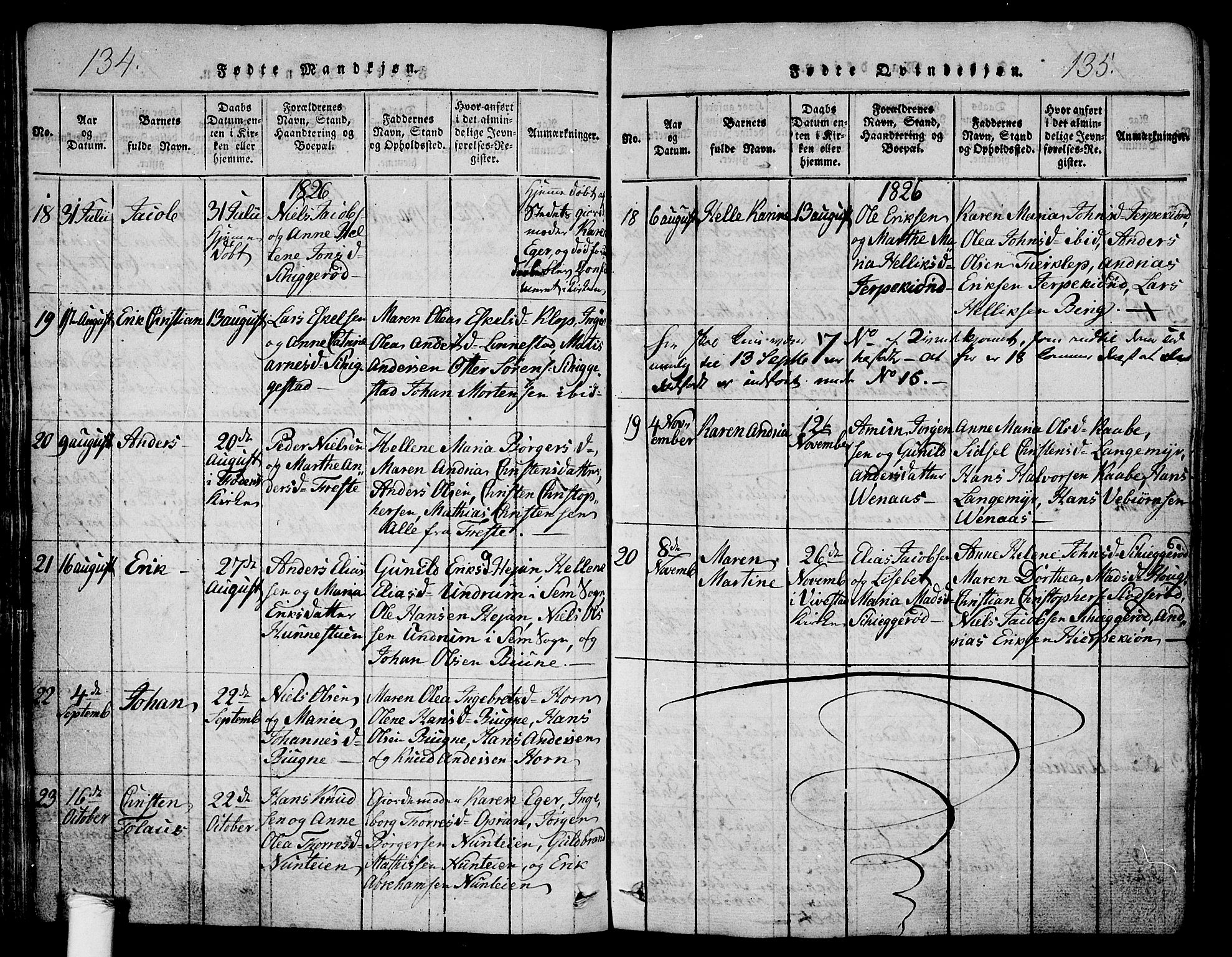 Ramnes kirkebøker, AV/SAKO-A-314/G/Ga/L0001: Parish register (copy) no. I 1, 1813-1847, p. 134-135