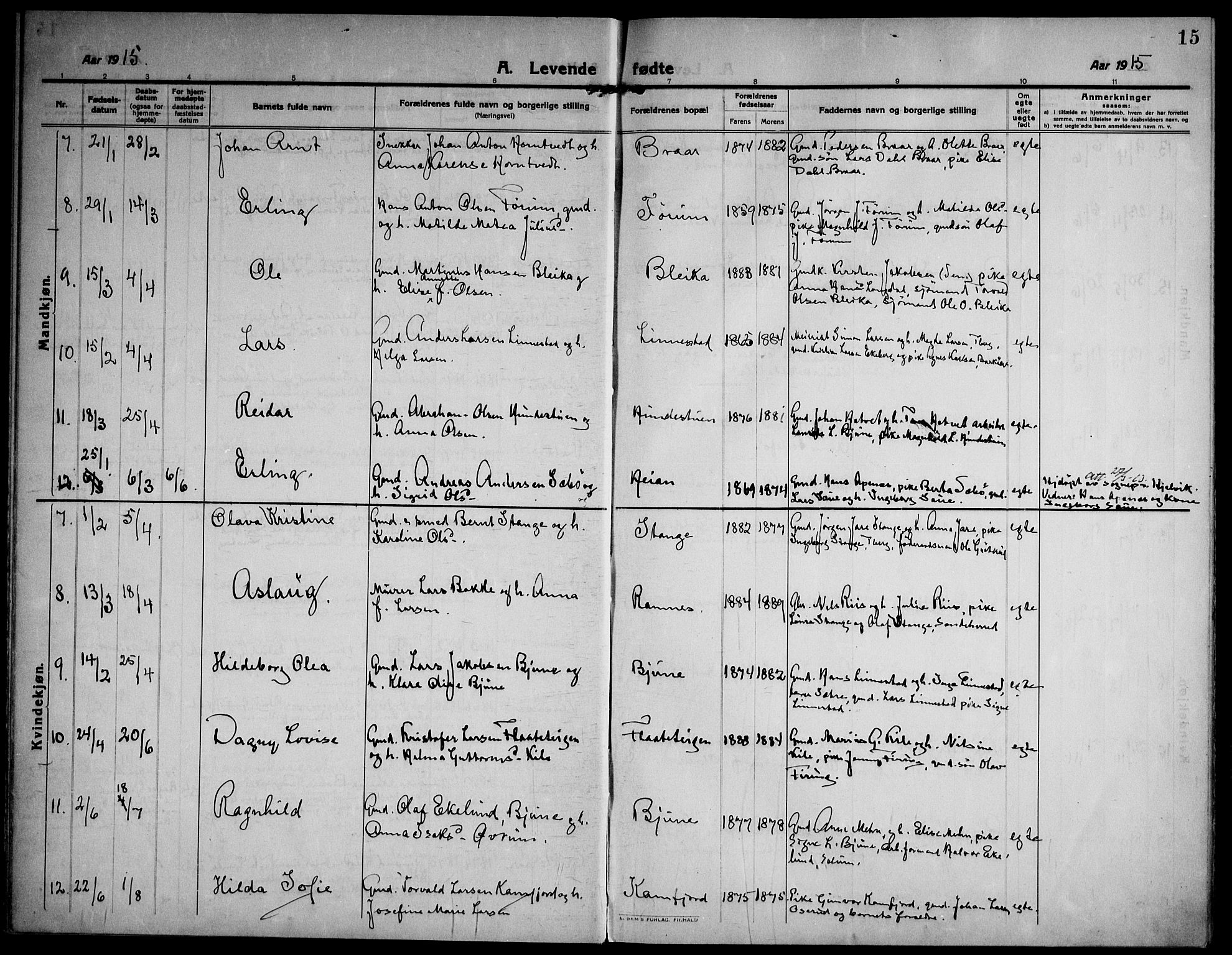 Ramnes kirkebøker, AV/SAKO-A-314/F/Fa/L0009: Parish register (official) no. I 9, 1912-1929, p. 15