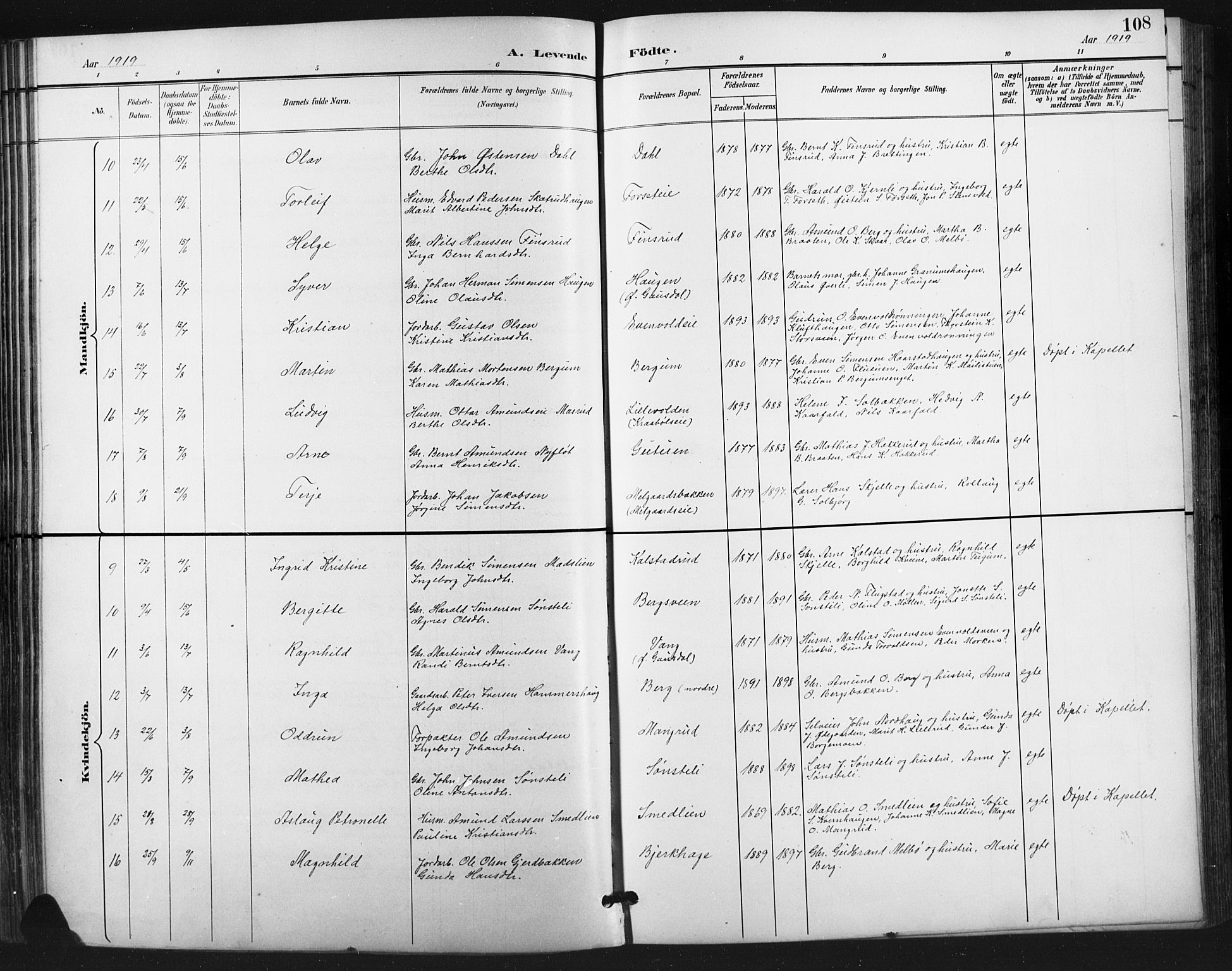 Vestre Gausdal prestekontor, SAH/PREST-094/H/Ha/Hab/L0003: Parish register (copy) no. 3, 1896-1925, p. 108