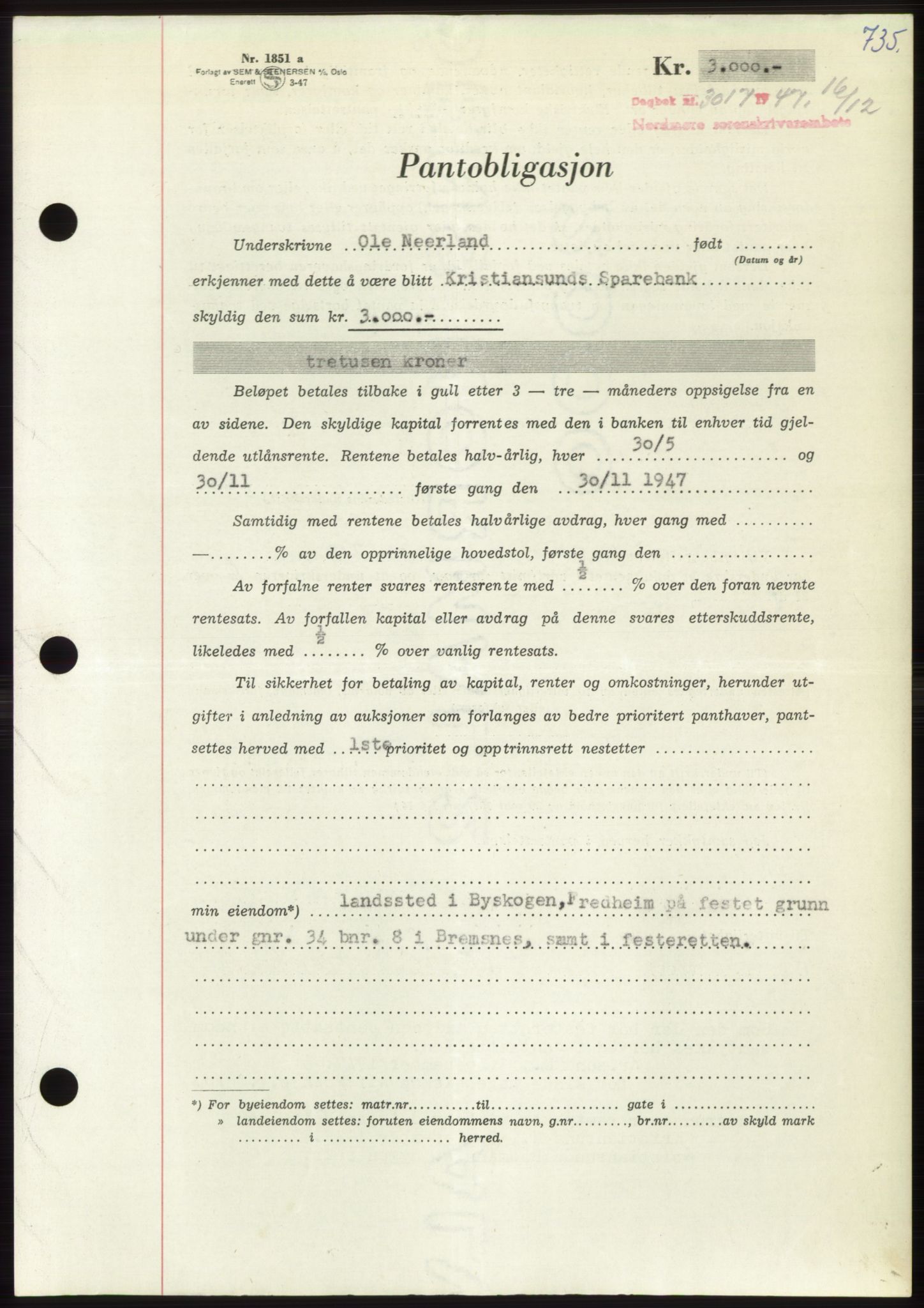 Nordmøre sorenskriveri, AV/SAT-A-4132/1/2/2Ca: Mortgage book no. B97, 1947-1948, Diary no: : 3017/1947