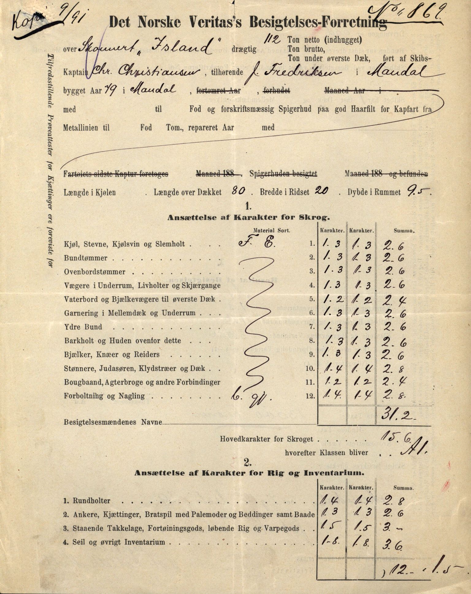 Pa 63 - Østlandske skibsassuranceforening, VEMU/A-1079/G/Ga/L0030/0001: Havaridokumenter / Leif, Korsvei, Margret, Mangerton, Mathilde, Island, Andover, 1893, p. 200