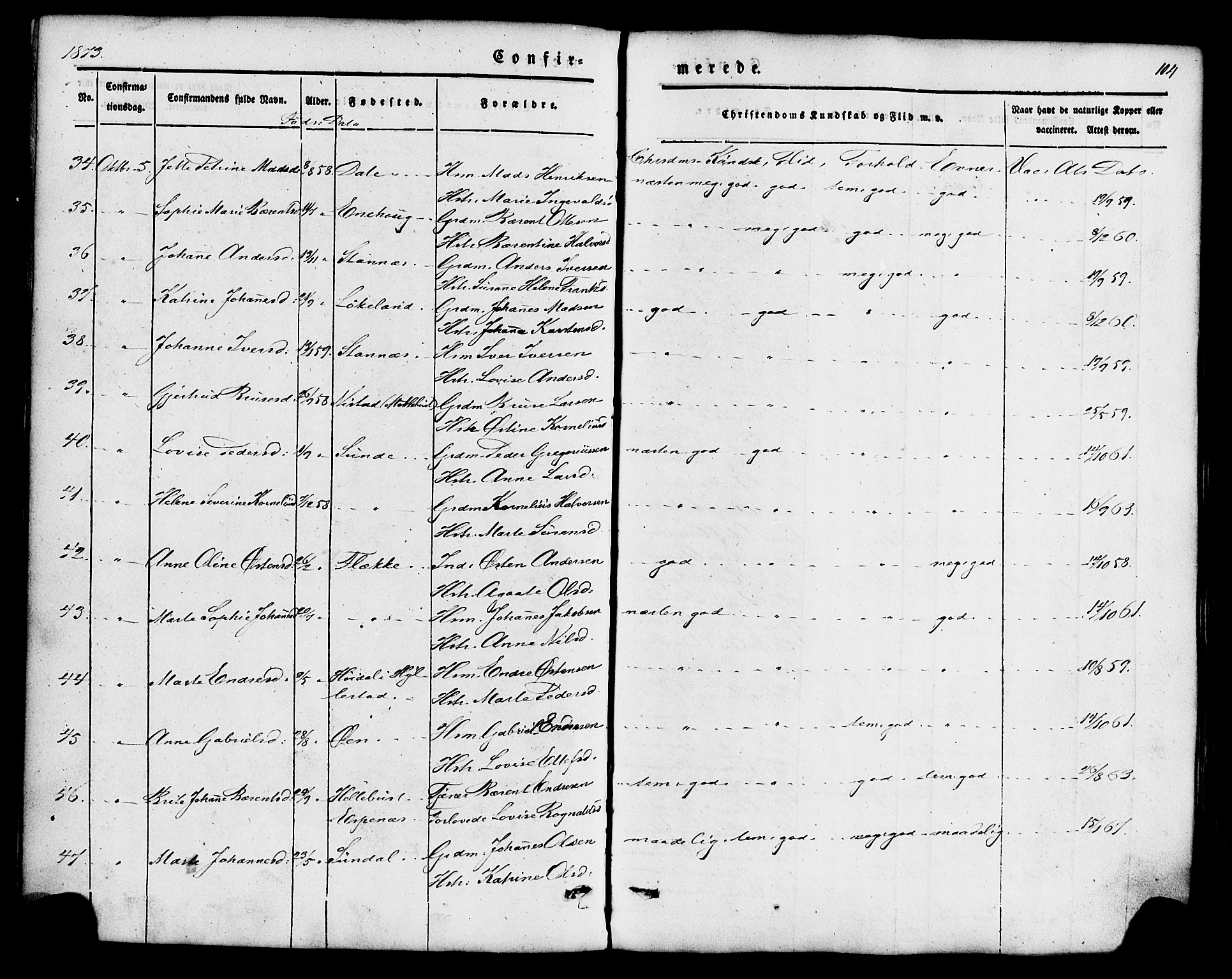 Fjaler sokneprestembete, AV/SAB-A-79801/H/Haa/Haaa/L0008: Parish register (official) no. A 8, 1850-1886, p. 104