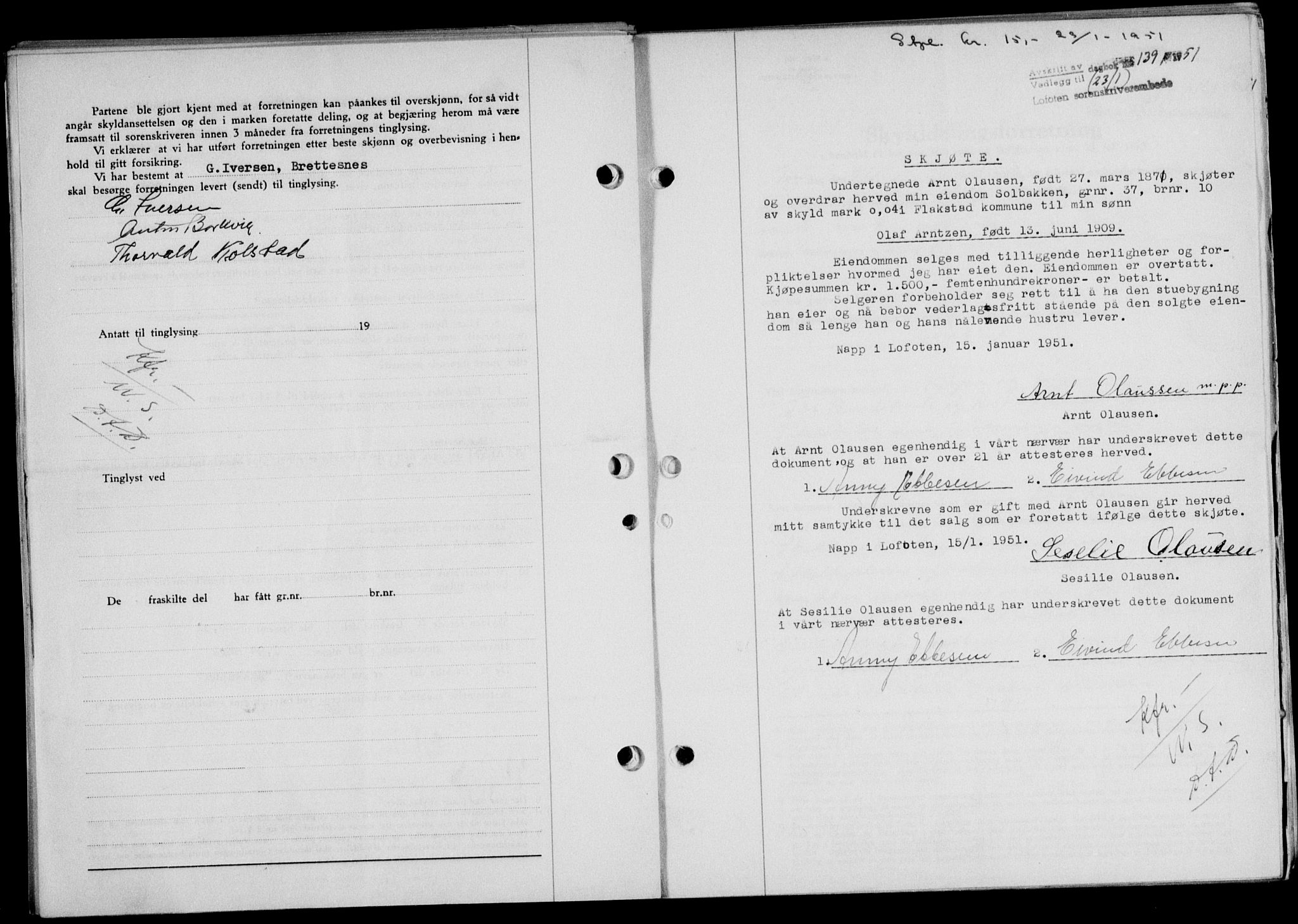 Lofoten sorenskriveri, SAT/A-0017/1/2/2C/L0025a: Mortgage book no. 25a, 1950-1951, Diary no: : 139/1951