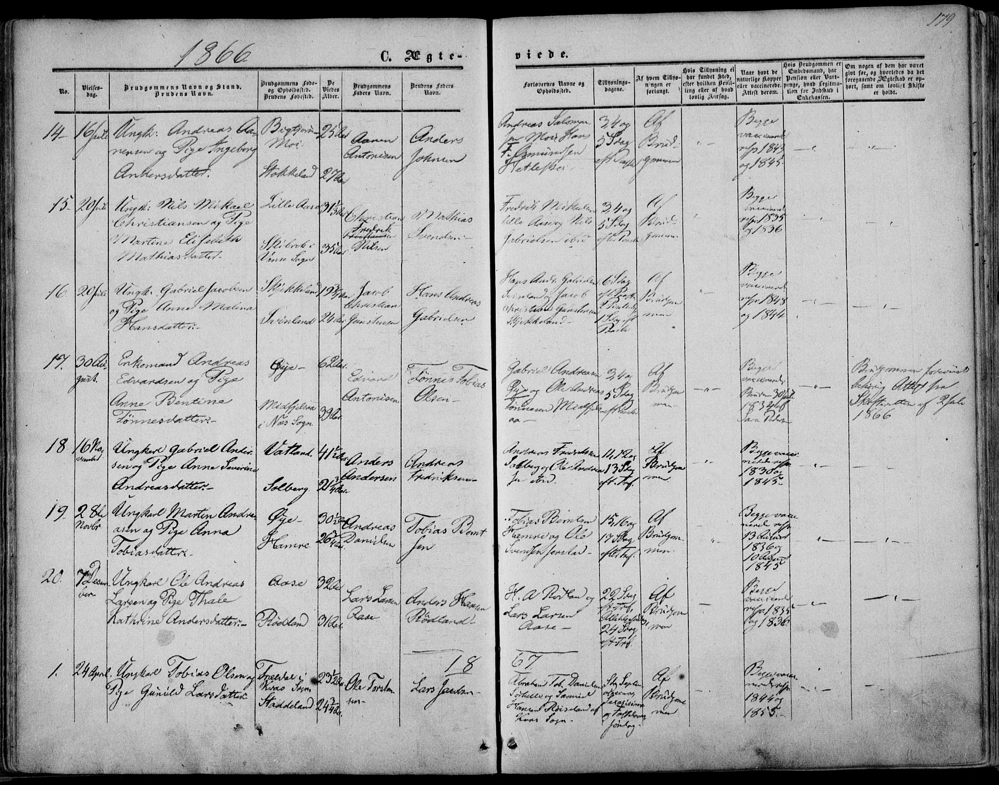 Kvinesdal sokneprestkontor, SAK/1111-0026/F/Fa/Fab/L0006: Parish register (official) no. A 6, 1857-1869, p. 179