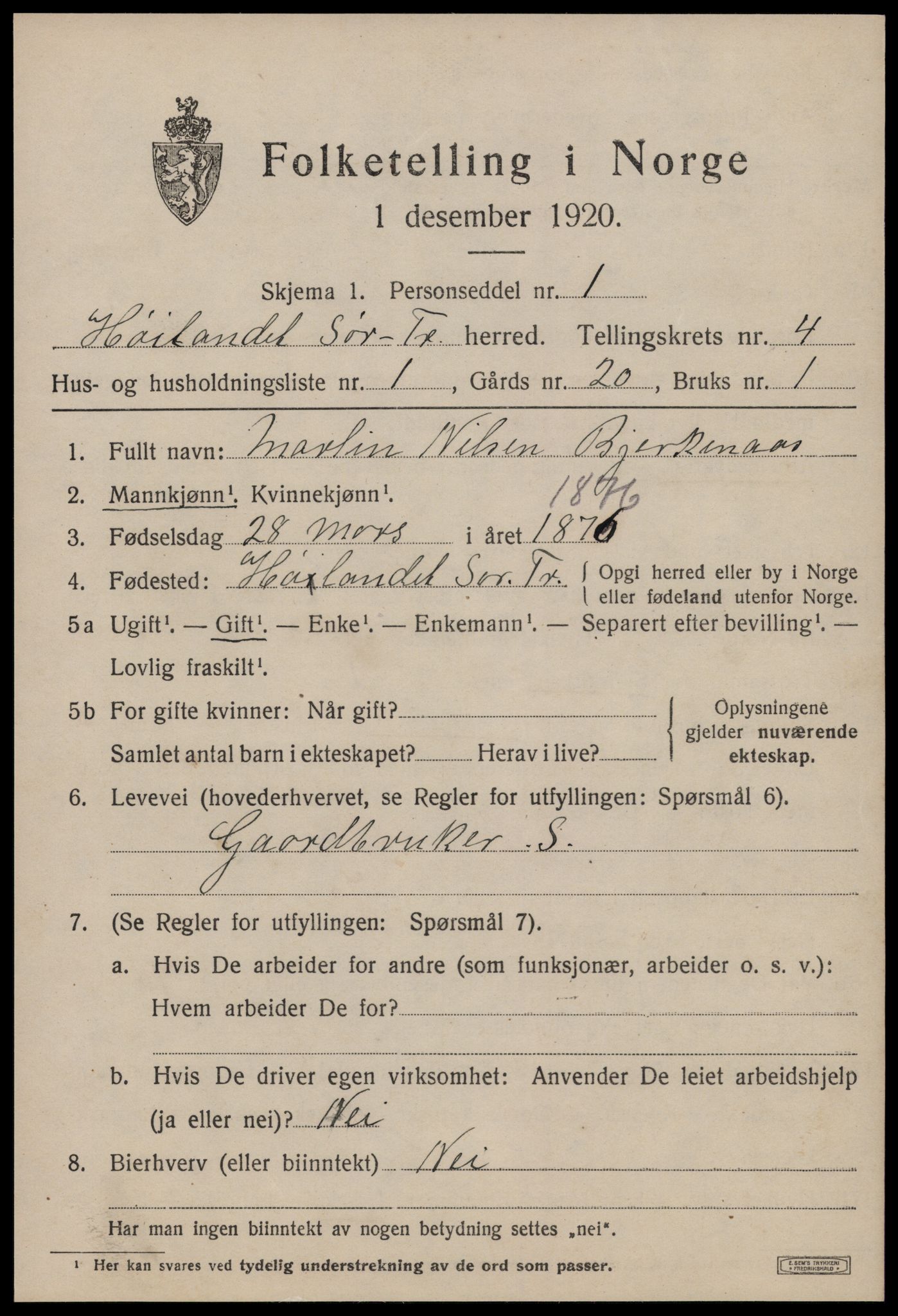 SAT, 1920 census for Hølonda, 1920, p. 1523