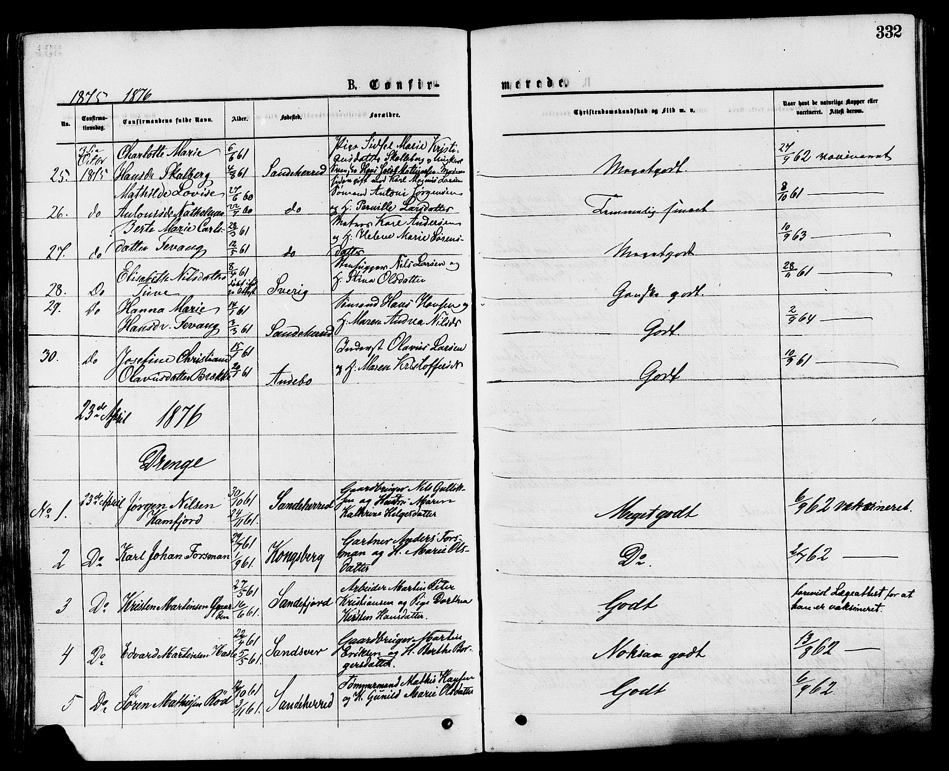 Sandar kirkebøker, SAKO/A-243/F/Fa/L0010: Parish register (official) no. 10, 1872-1882, p. 332