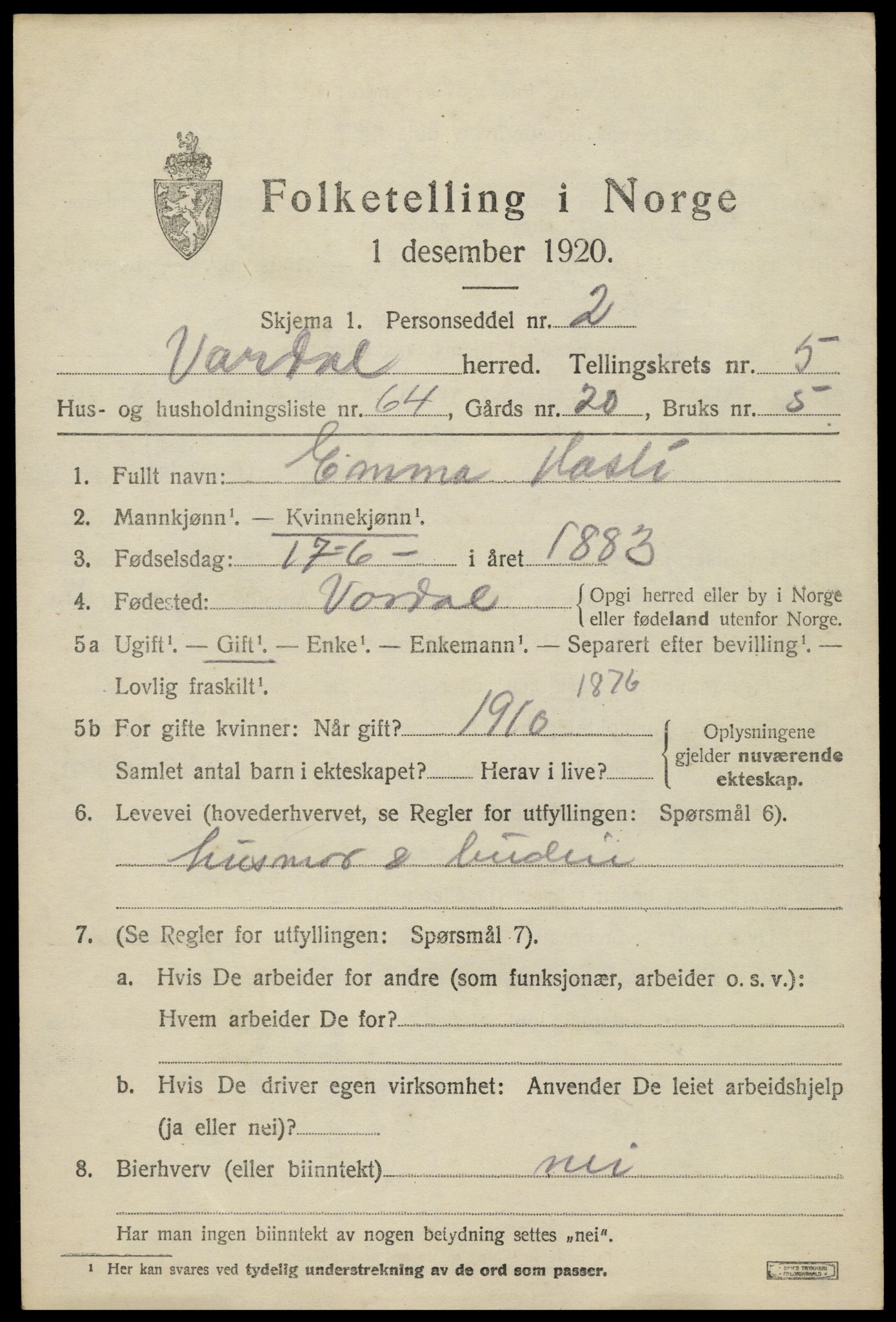 SAH, 1920 census for Vardal, 1920, p. 3855