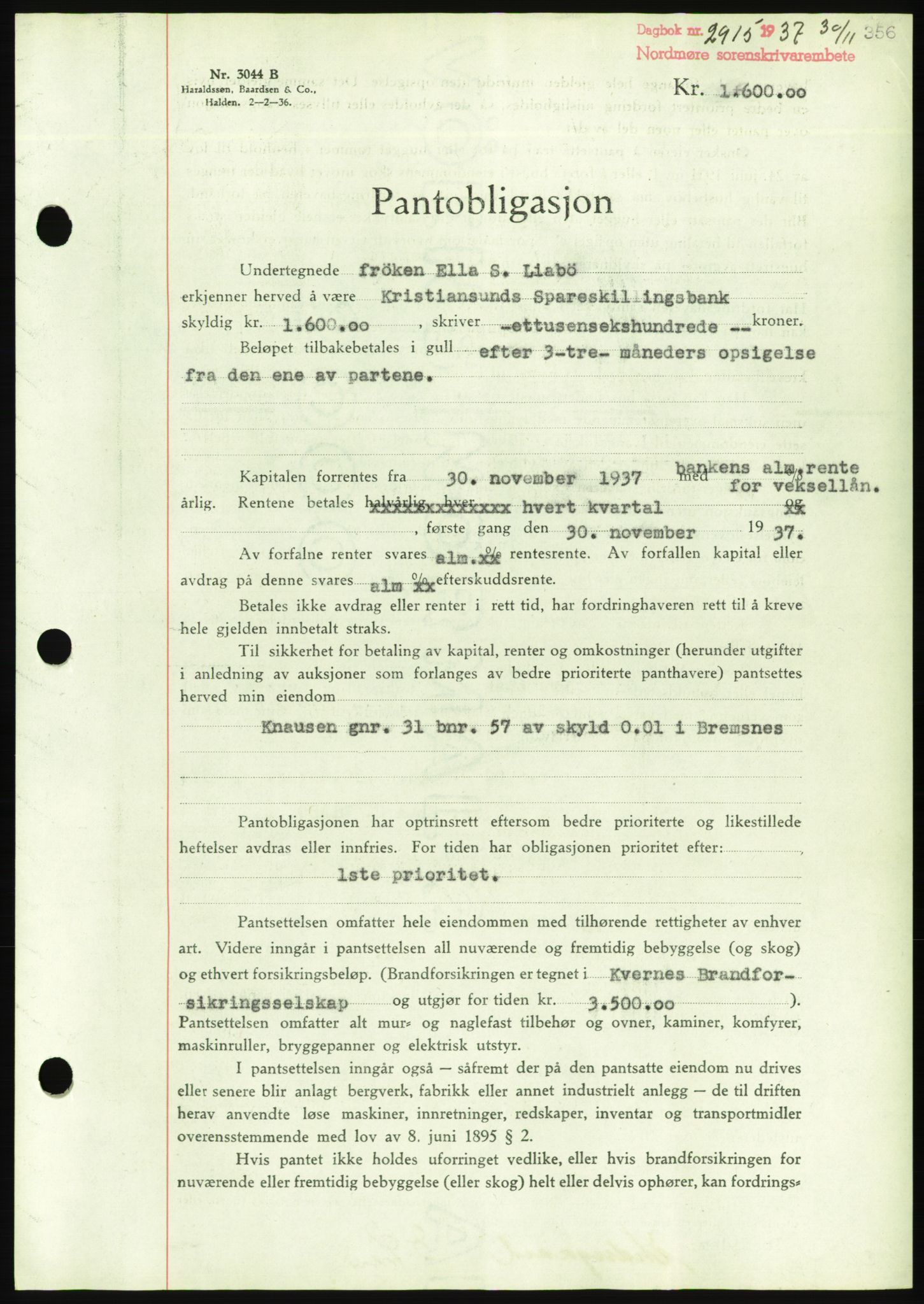 Nordmøre sorenskriveri, AV/SAT-A-4132/1/2/2Ca/L0092: Mortgage book no. B82, 1937-1938, Diary no: : 2915/1937