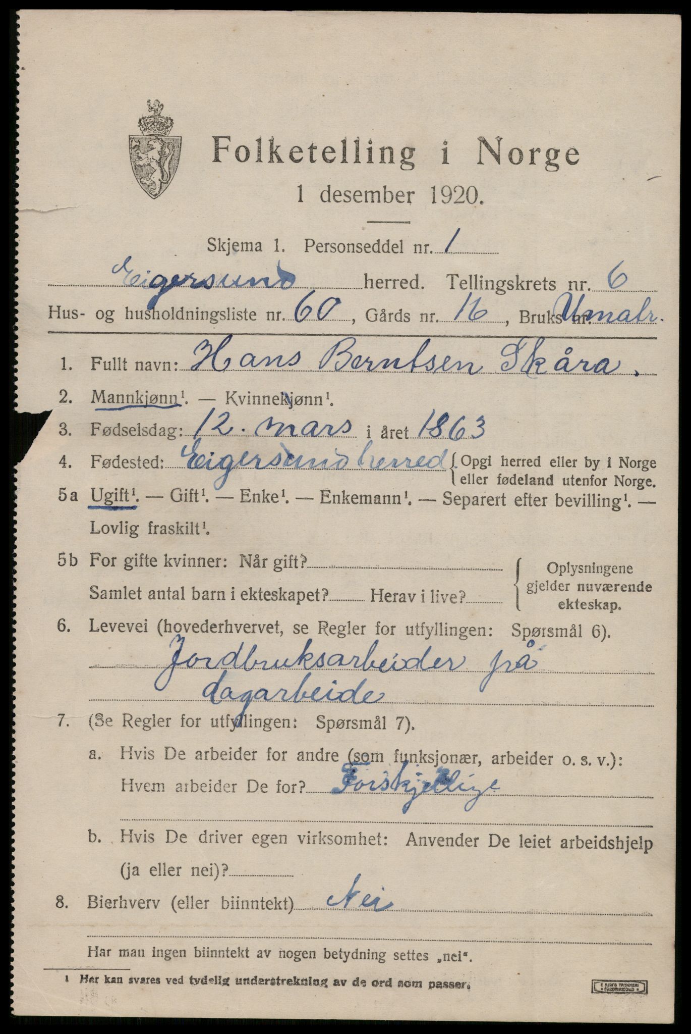 SAST, 1920 census for Eigersund, 1920, p. 4615