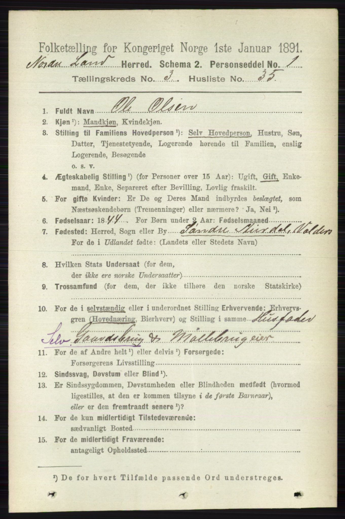 RA, 1891 census for 0538 Nordre Land, 1891, p. 1134