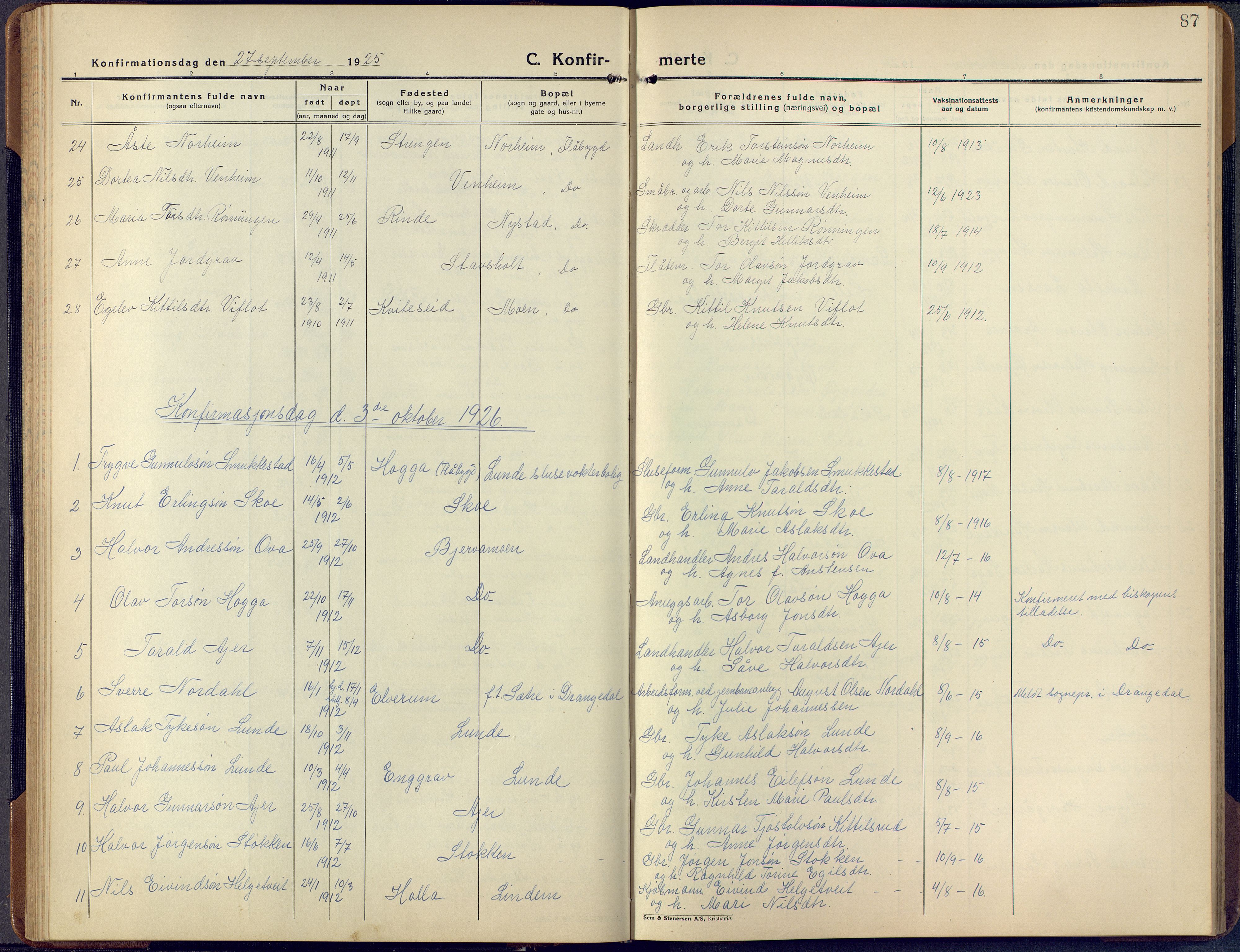 Lunde kirkebøker, SAKO/A-282/F/Fa/L0006: Parish register (official) no. I 6, 1922-1940, p. 87