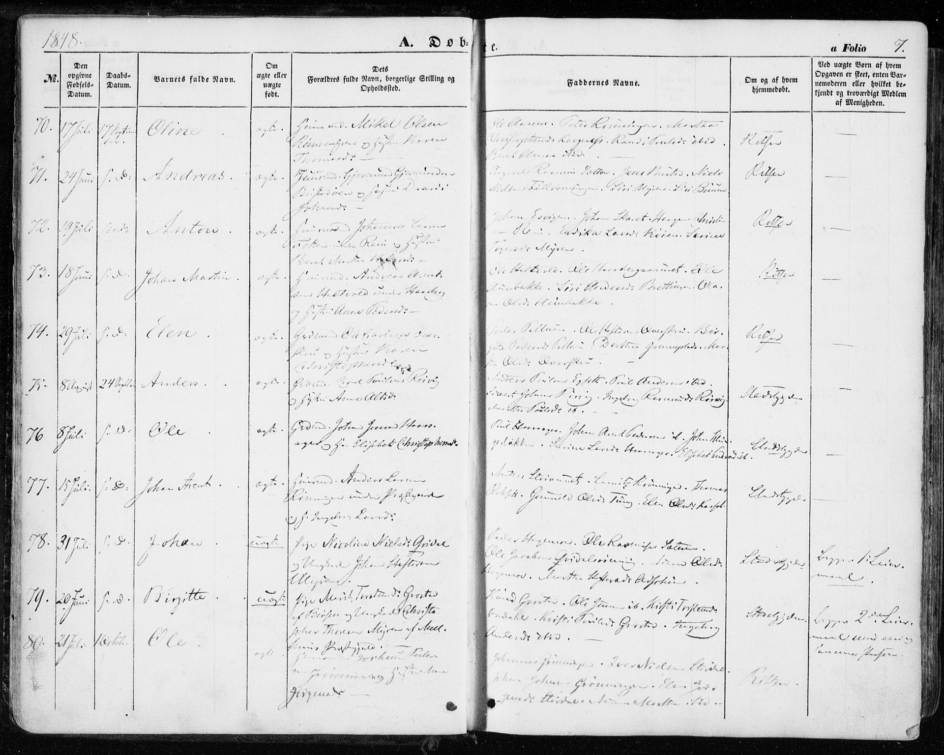 Ministerialprotokoller, klokkerbøker og fødselsregistre - Sør-Trøndelag, SAT/A-1456/646/L0611: Parish register (official) no. 646A09, 1848-1857, p. 7