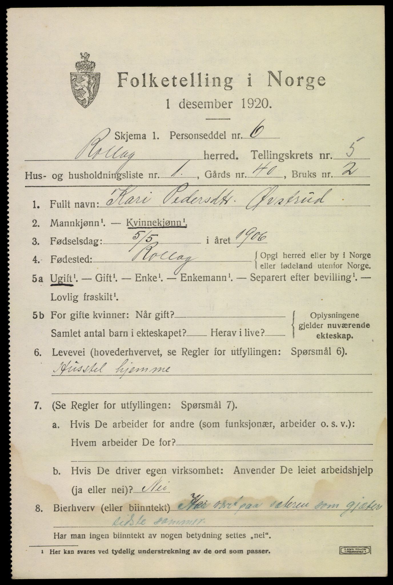 SAKO, 1920 census for Rollag, 1920, p. 2056