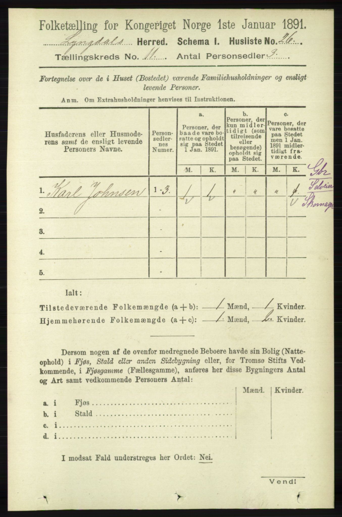 RA, 1891 census for 1032 Lyngdal, 1891, p. 4758