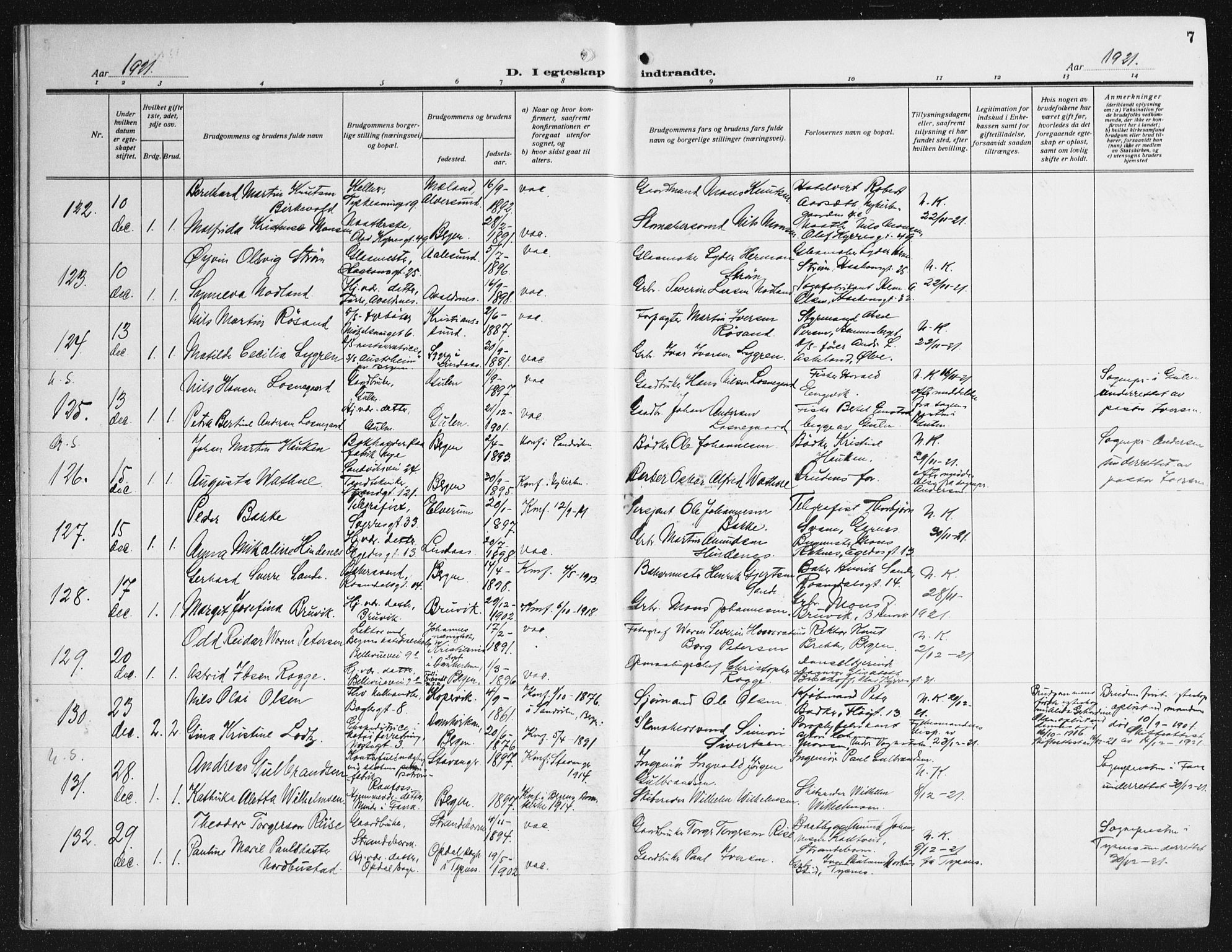 Domkirken sokneprestembete, AV/SAB-A-74801/H/Haa/L0039: Parish register (official) no. D 6, 1921-1937, p. 7