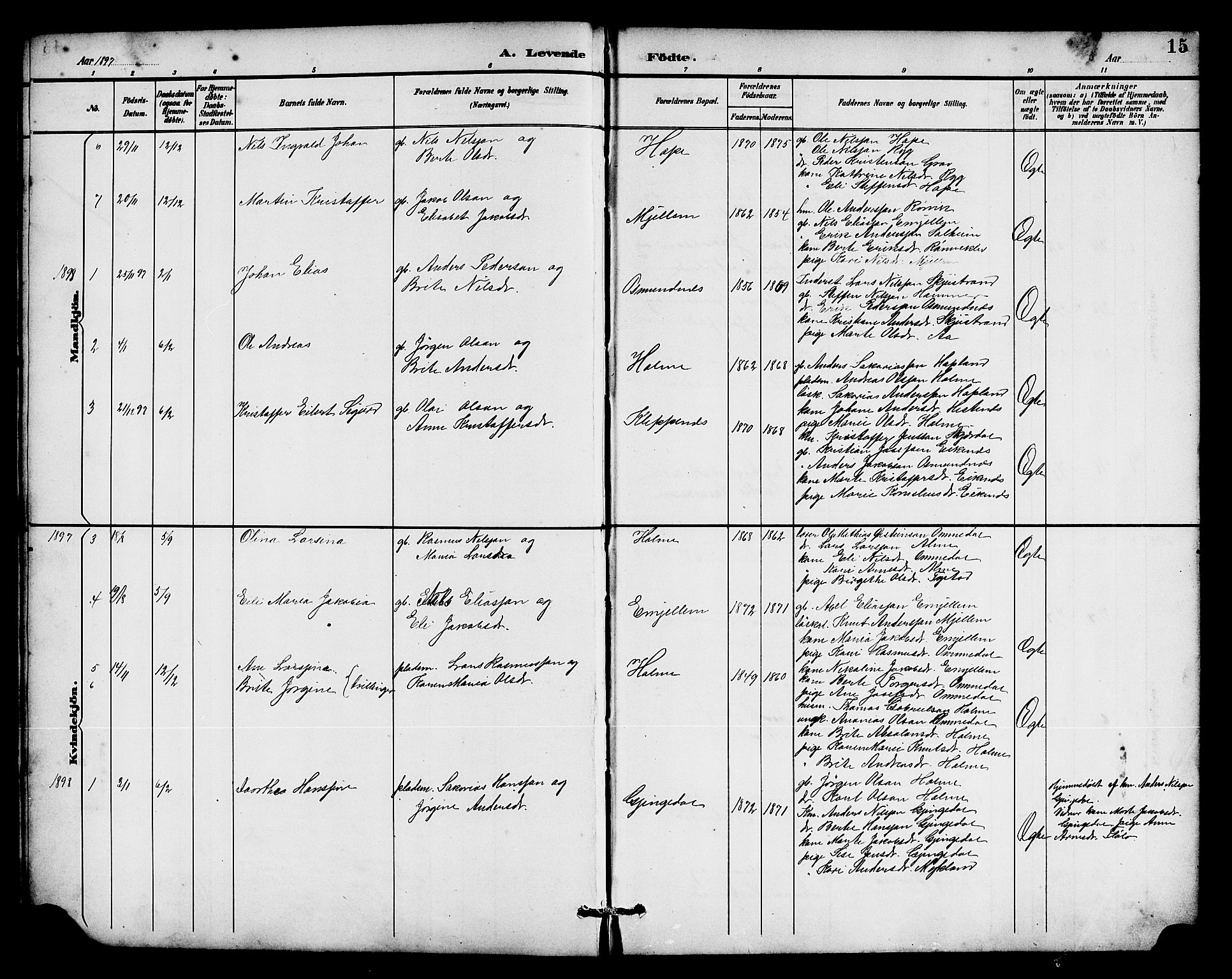 Gloppen sokneprestembete, SAB/A-80101/H/Hab/Habe/L0001: Parish register (copy) no. E 1, 1891-1917, p. 15