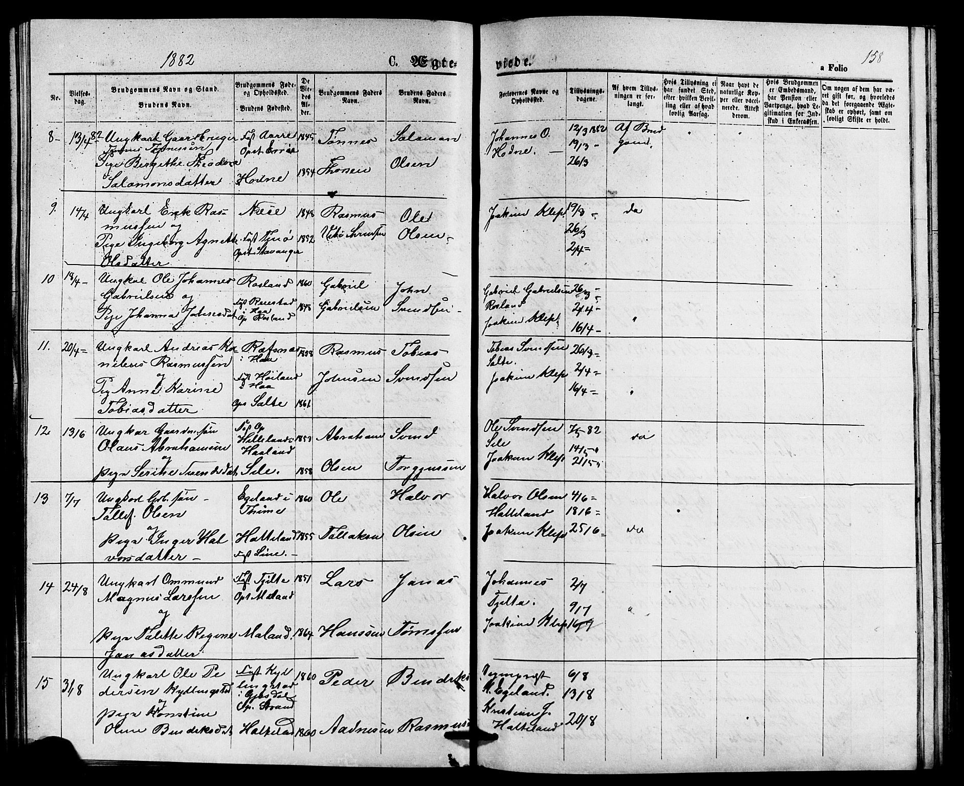 Klepp sokneprestkontor, AV/SAST-A-101803/001/3/30BB/L0003: Parish register (copy) no. B 3, 1876-1888, p. 158