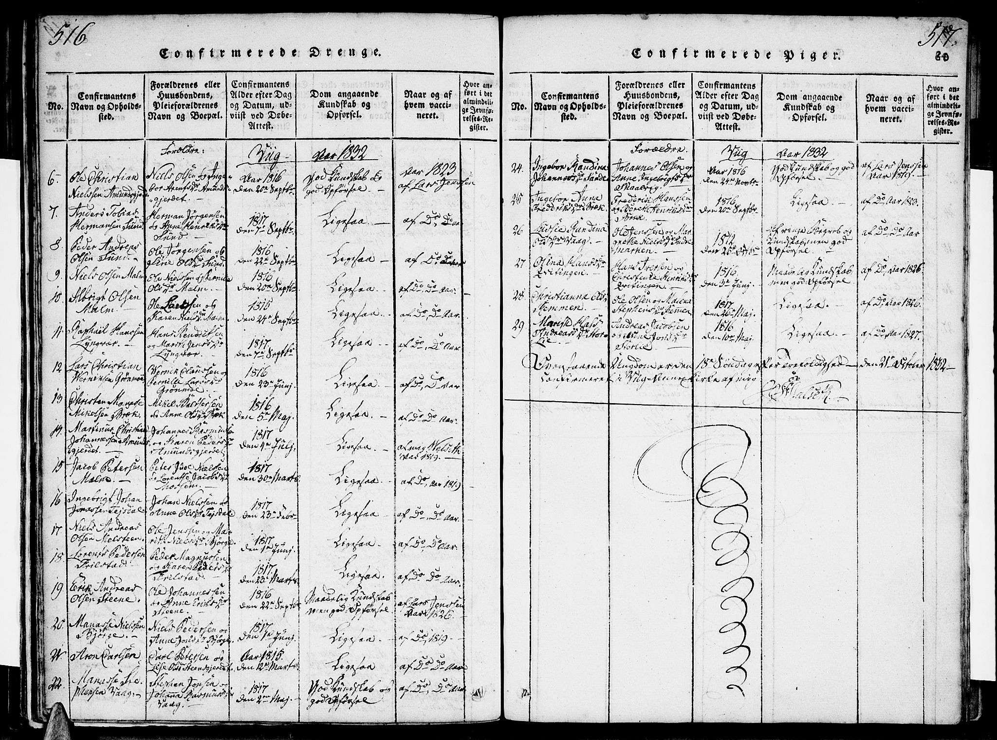 Ministerialprotokoller, klokkerbøker og fødselsregistre - Nordland, SAT/A-1459/812/L0175: Parish register (official) no. 812A04, 1820-1833, p. 516-517