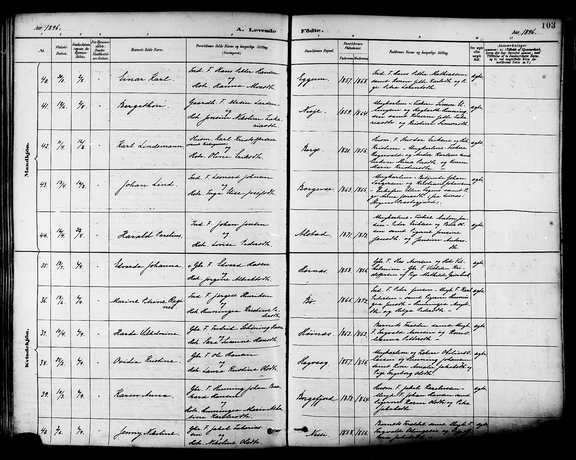 Ministerialprotokoller, klokkerbøker og fødselsregistre - Nordland, AV/SAT-A-1459/880/L1133: Parish register (official) no. 880A07, 1888-1898, p. 103